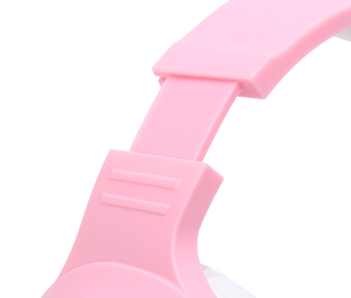 Nahaufnahme eines rosa Kopfhörerbügels, heller Hintergrund.