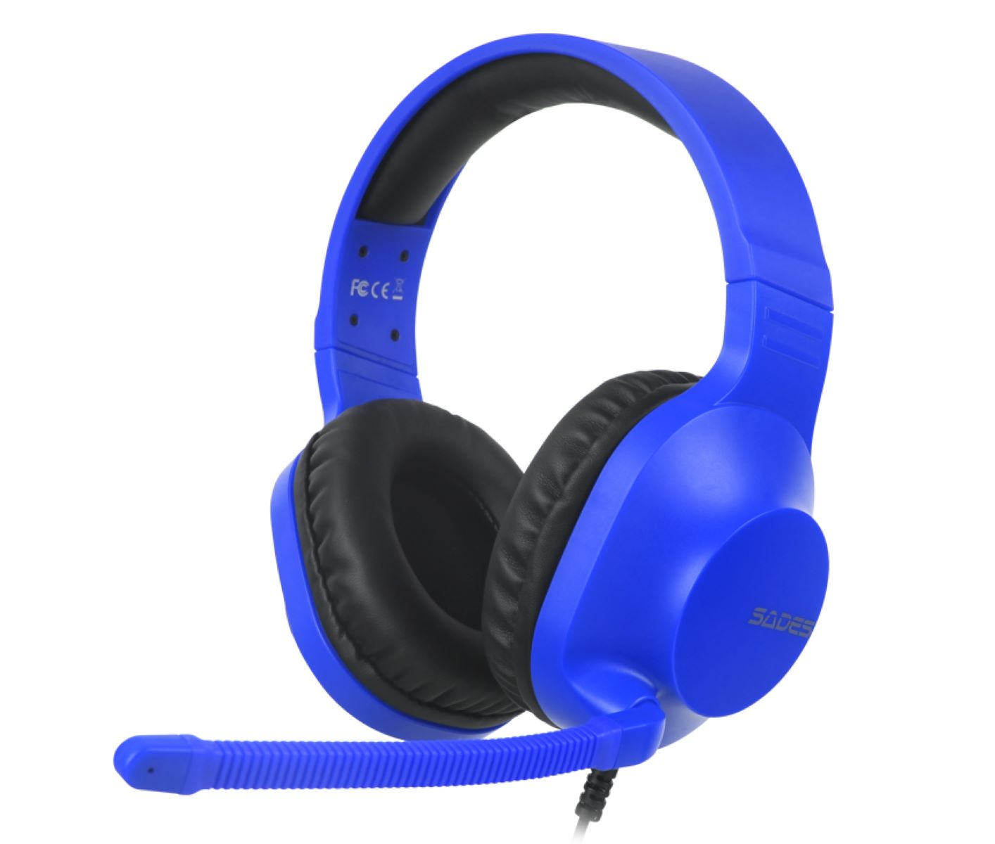 Blaues Gaming-Headset mit Mikrofon. Es hat schwarze Ohrmuscheln und ein Kabel.