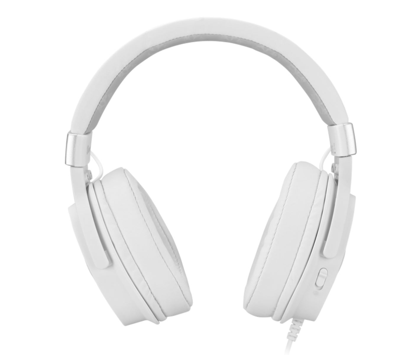 Weiße Kopfhörer mit gepolstertem Kopfband und Ohrmuscheln. Das Kabel ist sichtbar.