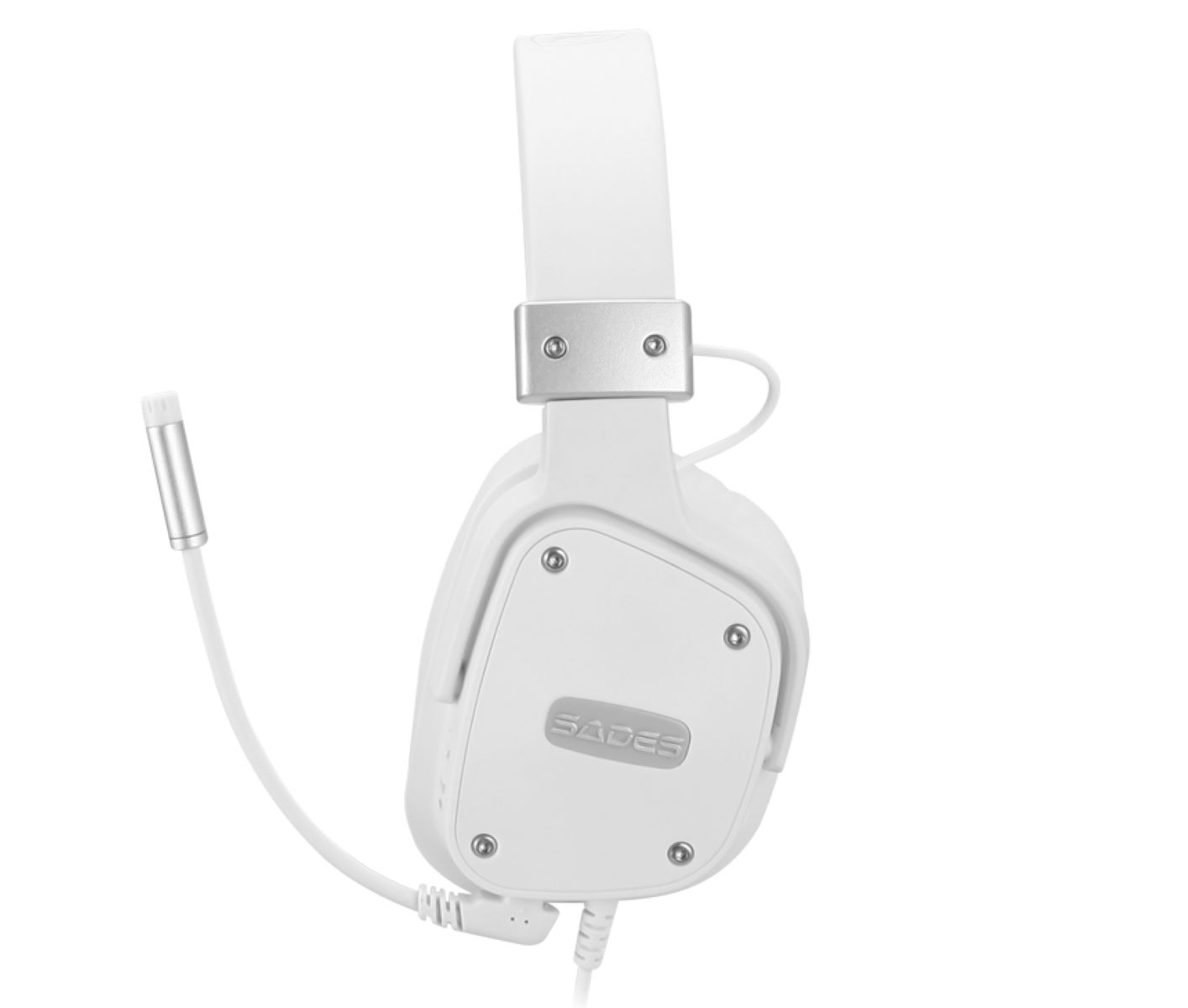 Weißes Gaming-Headset mit Mikrofon, Metallakzenten und Markennamen.