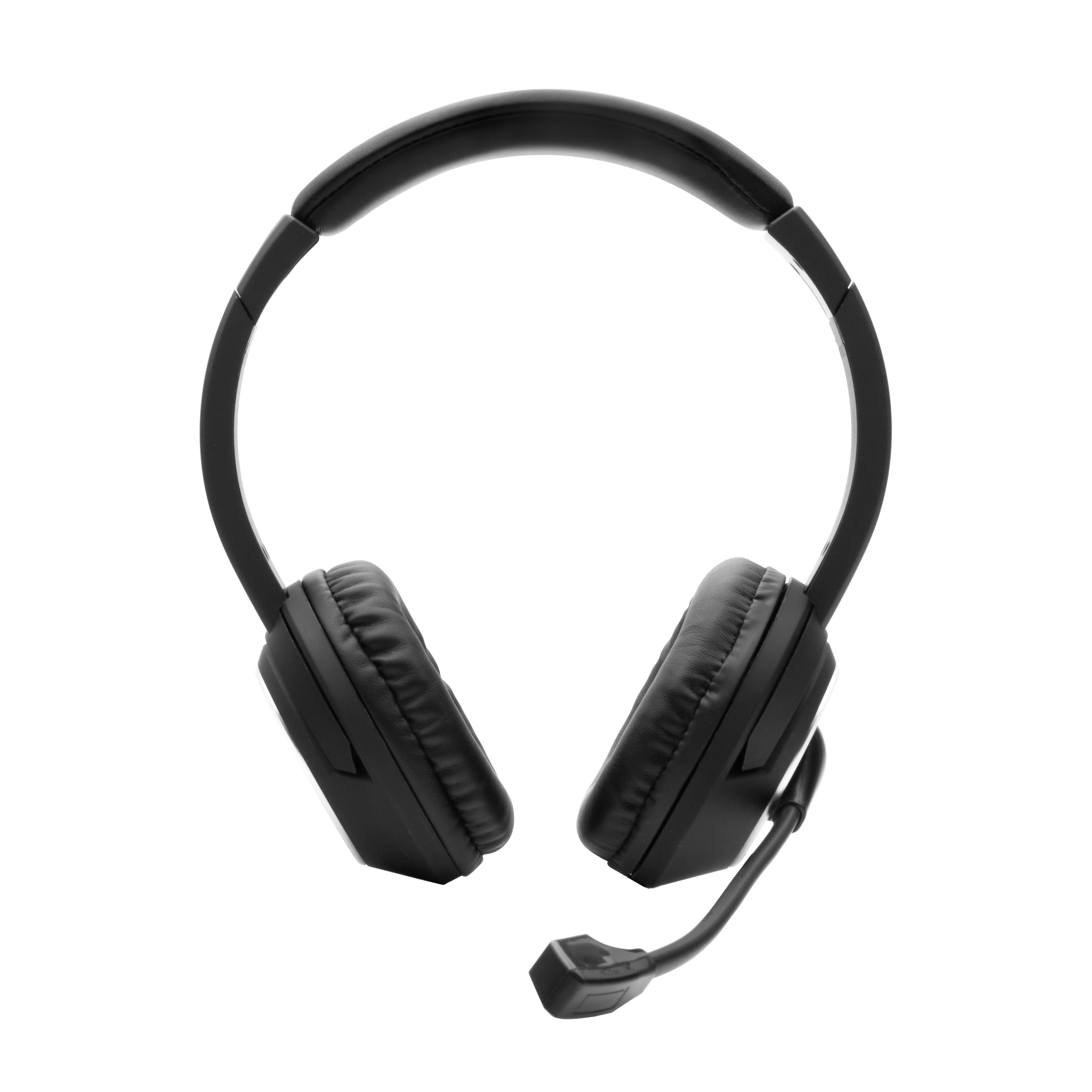 Schwarze Over-Ear-Kopfhörer mit flexiblem Mikrofon, freigestellt auf Weiß.