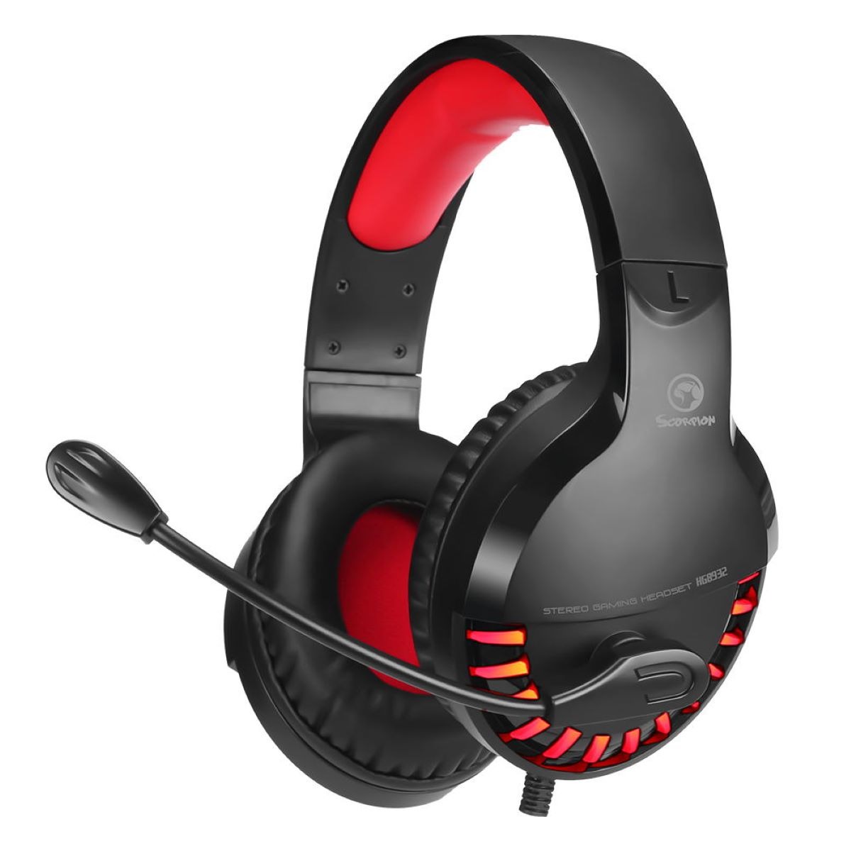Schwarzes und rotes Gaming-Headset mit Mikrofon. Scorpion-Logo sichtbar.