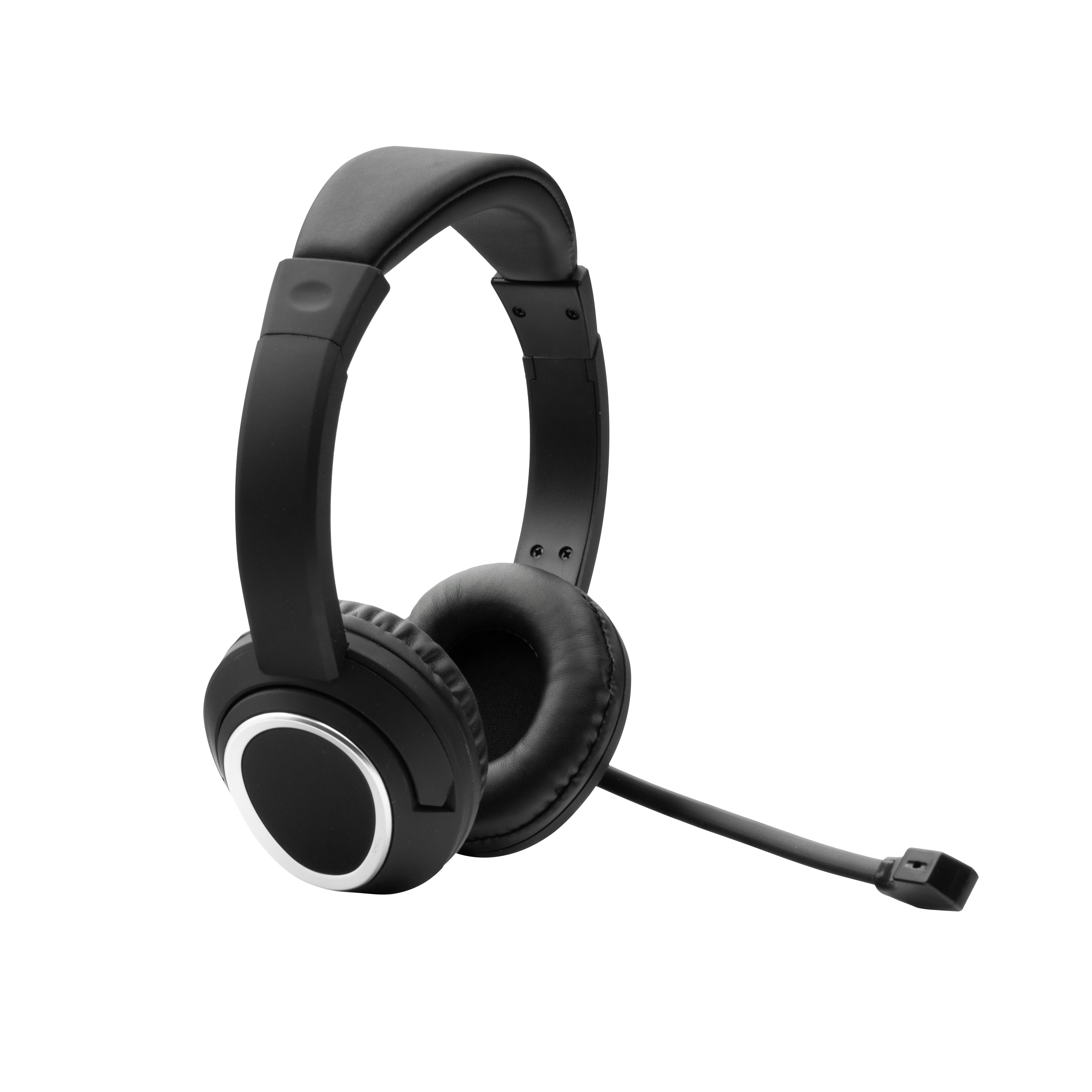 Schwarzes drahtloses Headset mit Mikrofon. Silberakzente auf den Ohrmuscheln. Isoliert.