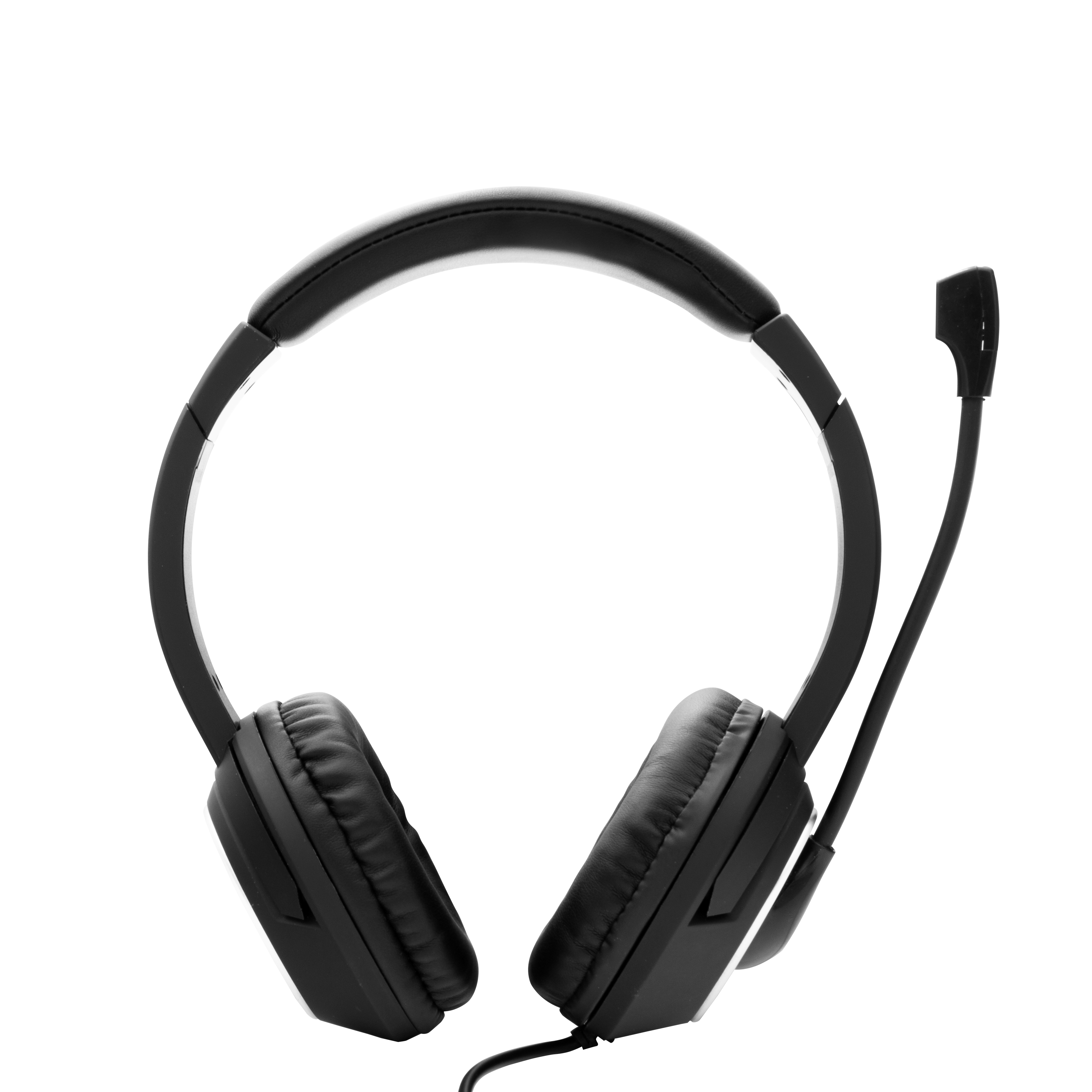 Schwarzes Headset mit Mikrofon auf weißem Hintergrund.
