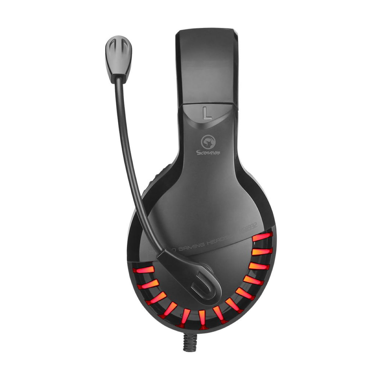 Schwarzes Gaming-Headset mit roten Lichtern und einem Mikrofon.