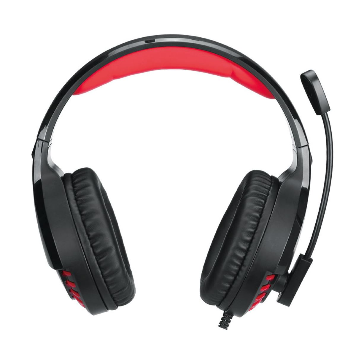 Schwarzes und rotes Gaming-Headset. Das Headset hat ein Mikrofon und Ohrmuscheln.