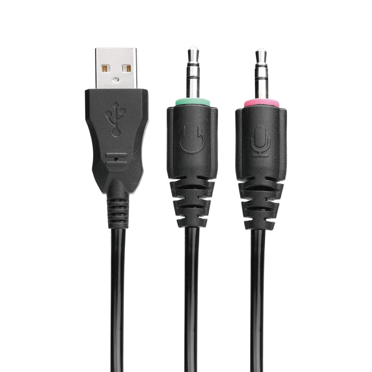 USB- und 3,5-mm-Audio-Kabel. Ein USB, zwei Audio-Buchsen mit grünen und rosa Ringen.