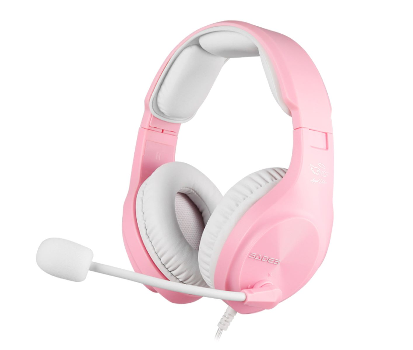 Rosa Gaming-Headset mit Mikrofon. Weißer Hintergrund.
