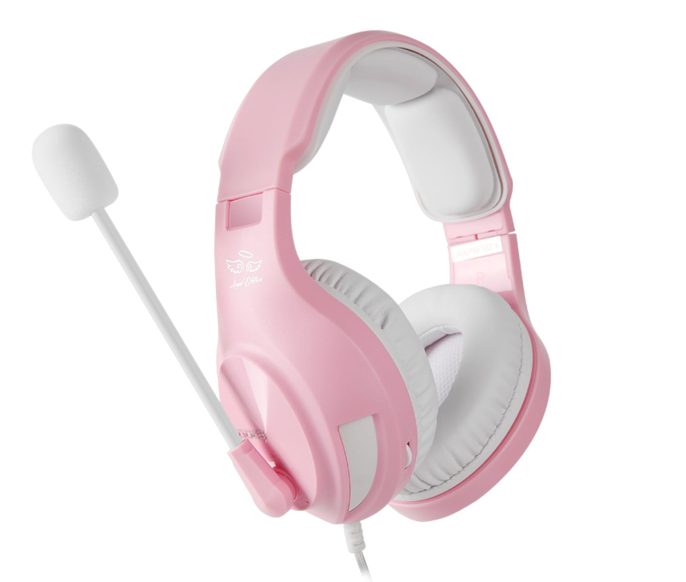Rosa Gaming-Headset mit Mikrofon. Weißes Mikrofon und Ohrpolster.