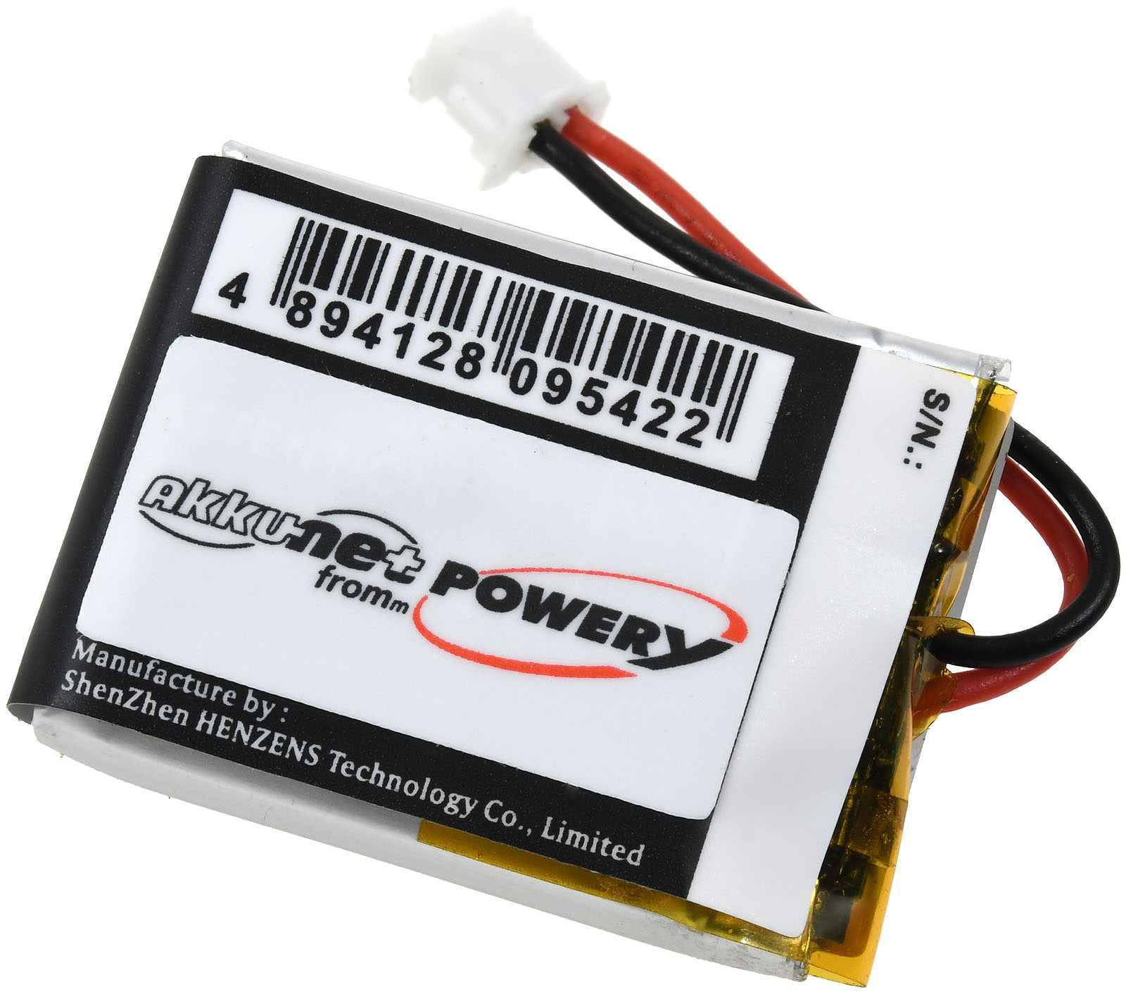 Eine kleine Batterie für ein Gerät mit Barcode und Text: Akkunet POWER.