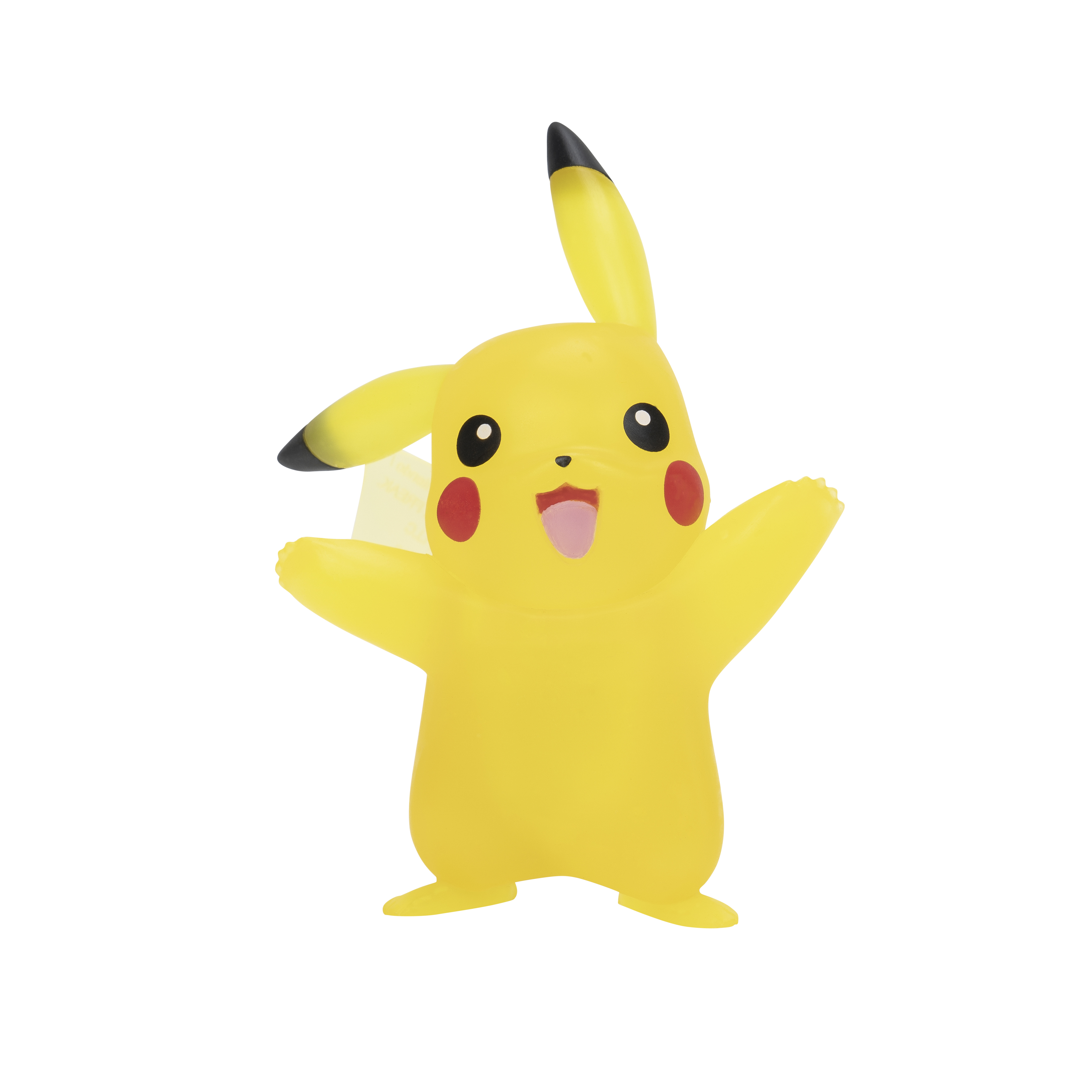 Eine gelbe Pikachu-Figur mit erhobenen Armen, lächelnd, weißer Hintergrund.