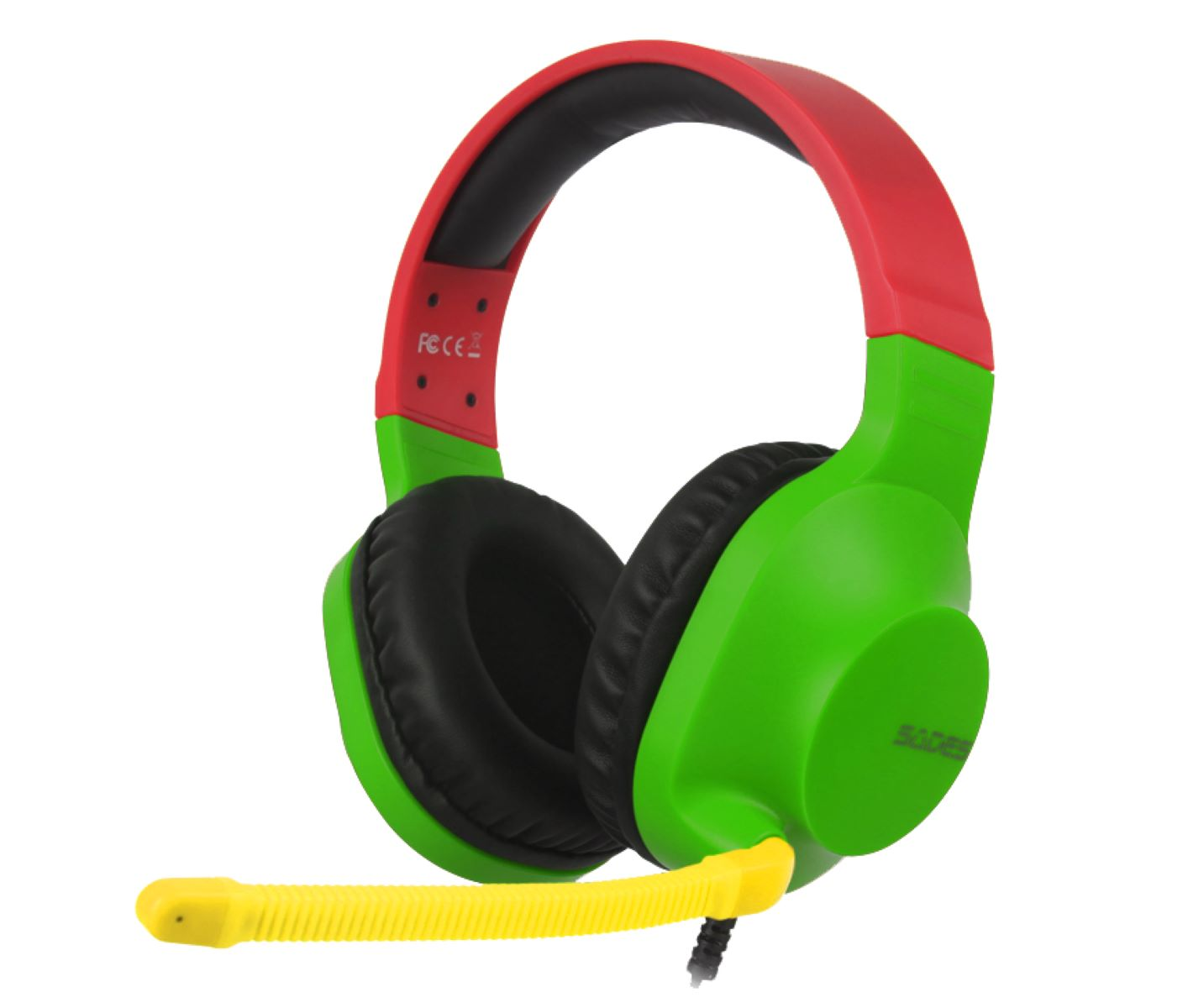Grünes und rotes Gaming-Headset mit gelbem Mikrofon und schwarzen Ohrpolstern.