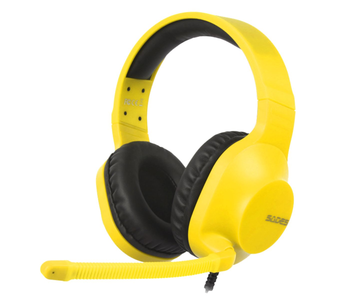 Gelbes Gaming-Headset mit Mikrofon. Weißer Hintergrund.