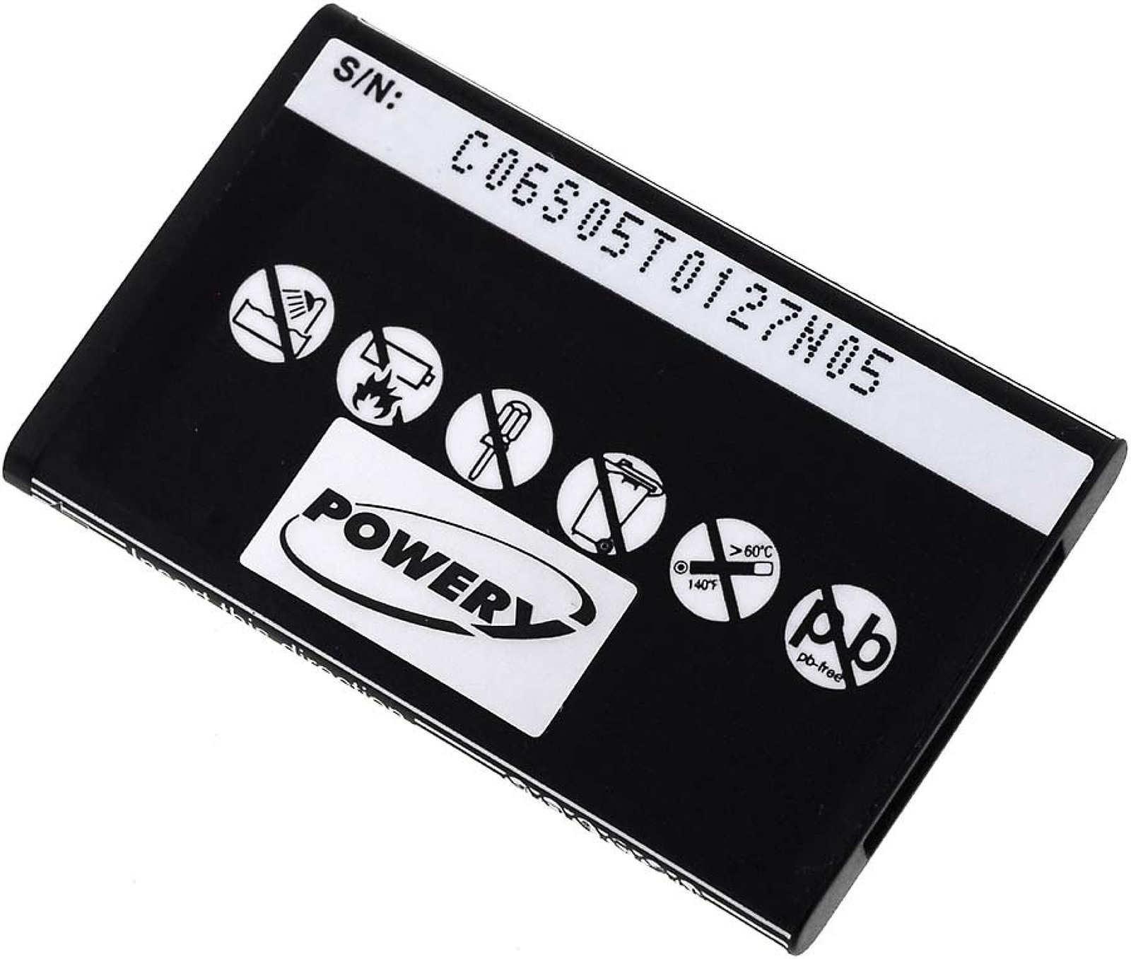 Batería rectangular negra, con advertencias y número de serie, indicando seguridad y cumplimiento.
