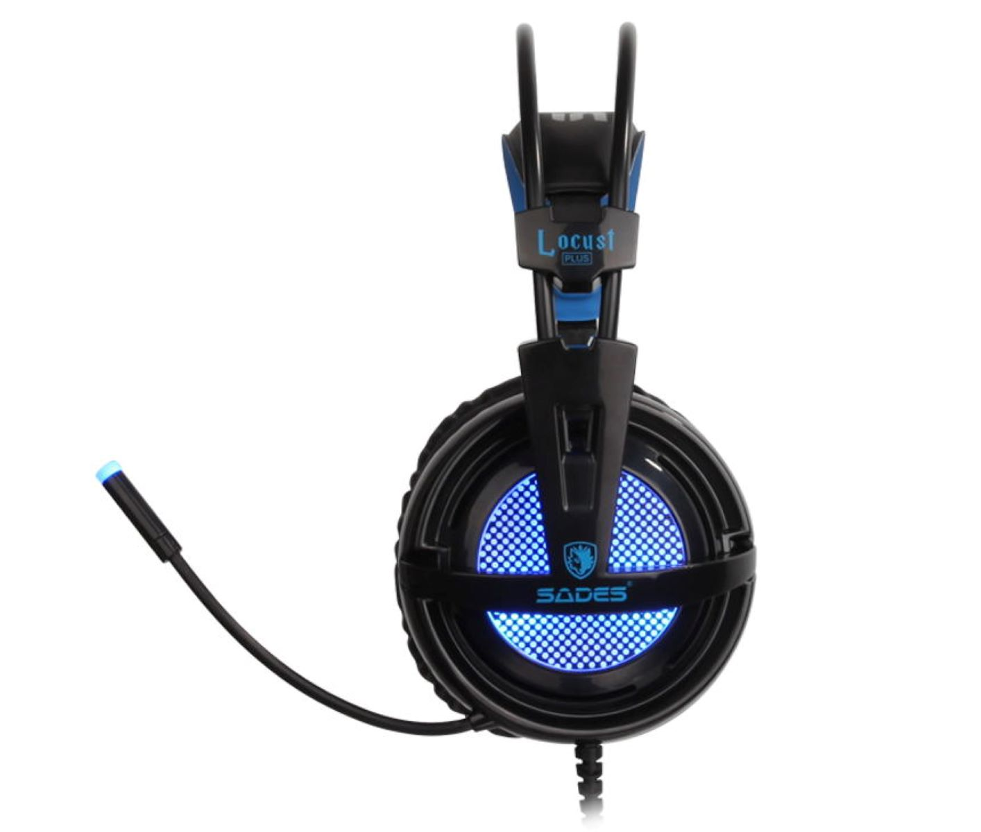 Schwarzes Gaming-Headset mit blauen Lichtern und Mikrofon, isoliert auf Weiß.