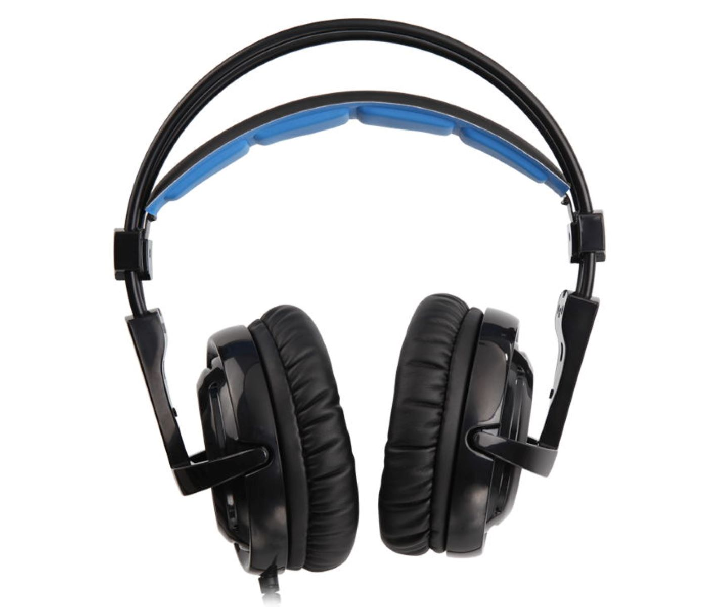 Schwarze Kopfhörer mit blauer Polsterung am Kopfband, vor weißem Hintergrund.