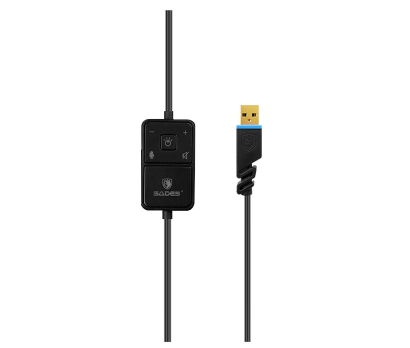Schwarzes Sades Headset-Kabel. Es hat eine Lautstärkeregelung, eine Mikrofontaste und einen USB-Anschluss.