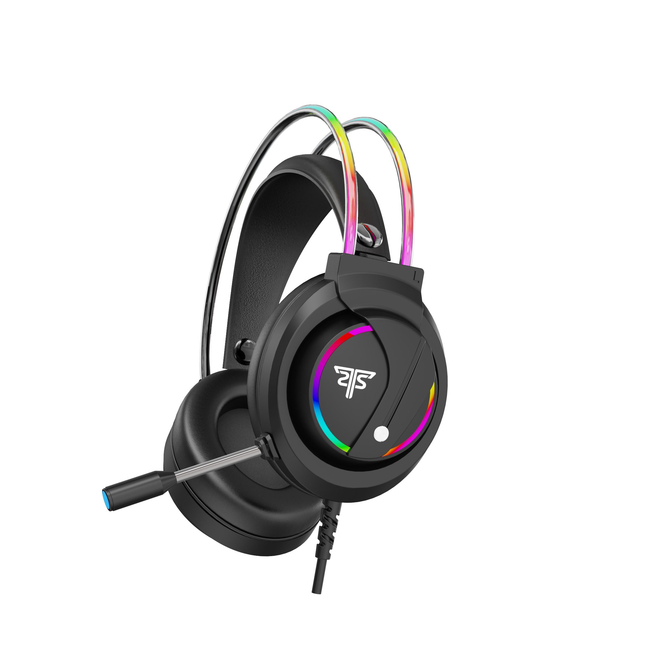 Schwarzes Gaming-Headset mit Regenbogenlichtern und Mikrofon auf weißem Hintergrund.