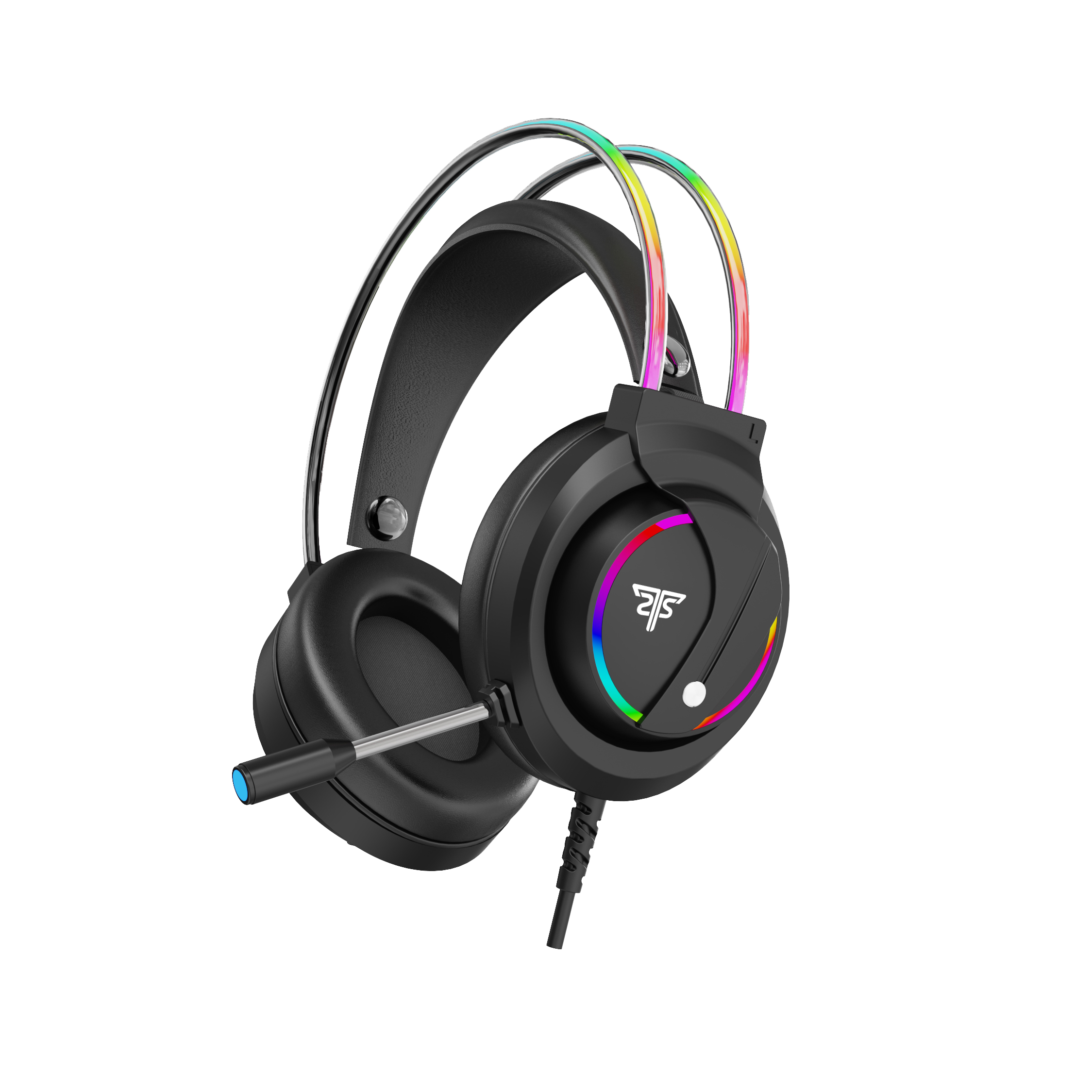Schwarzes Gaming-Headset mit bunten Lichtern und Mikrofon. Weißer Hintergrund.