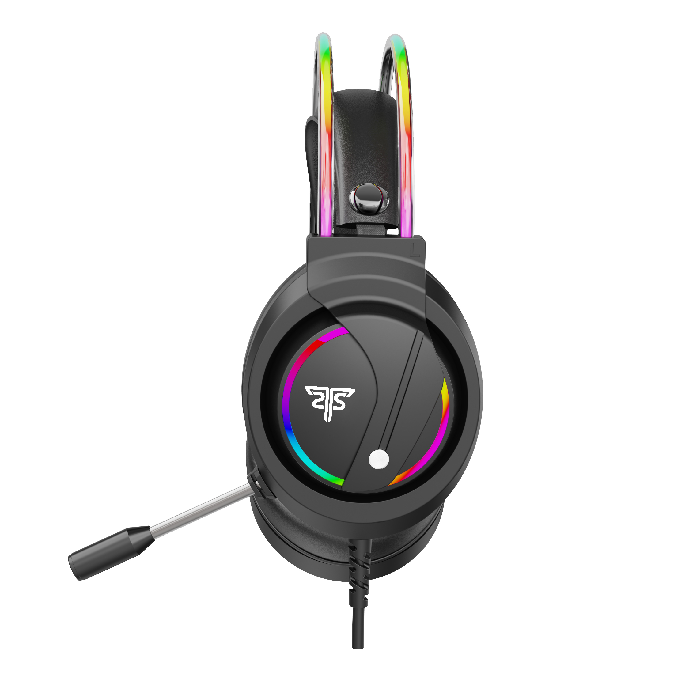 Schwarzes Gaming-Headset mit bunten Lichtern an den Ohrmuscheln und am Kopfbügel sowie einem Mikrofon.