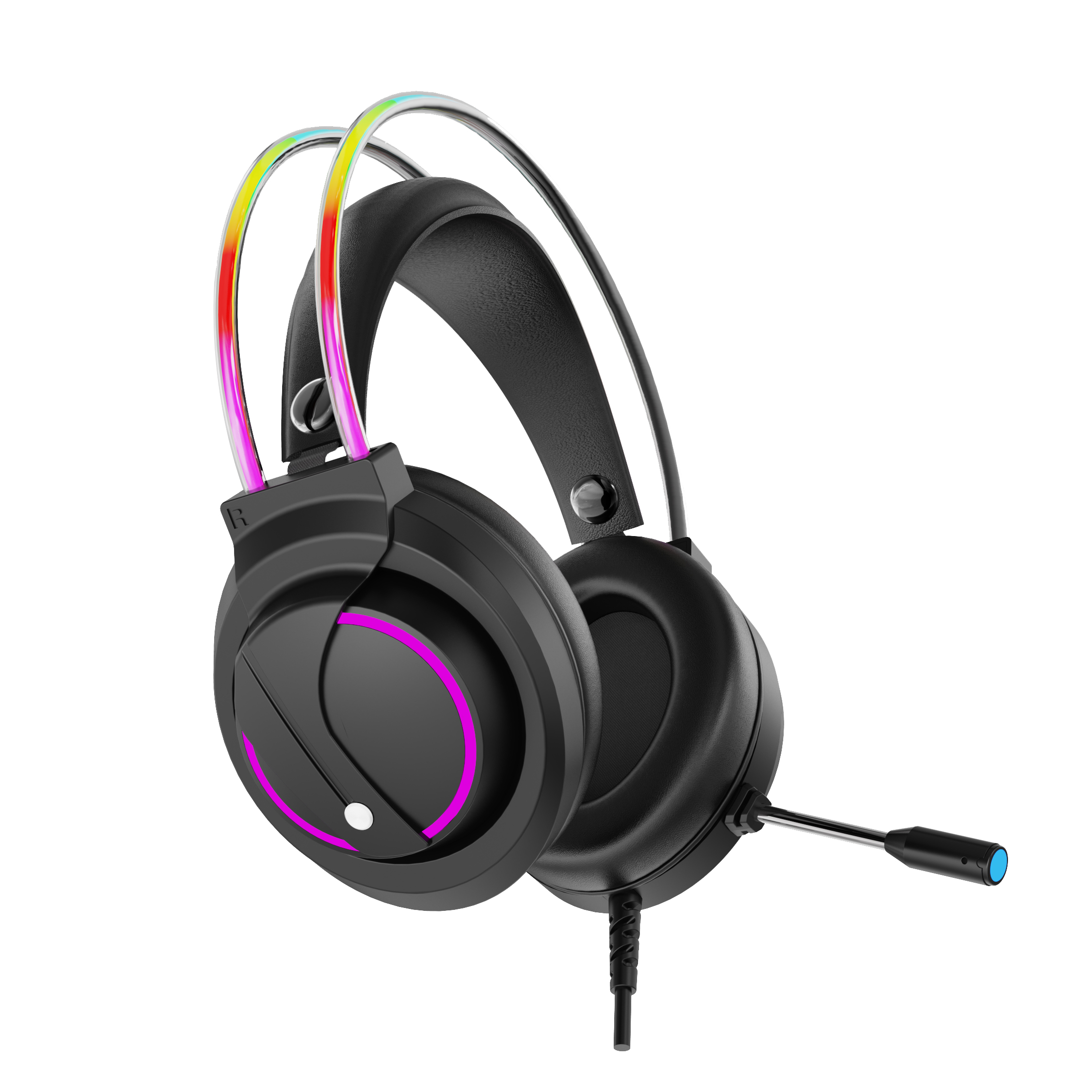 Schwarzes Gaming-Headset mit bunten Lichtern und Mikrofon, vor weißem Hintergrund.