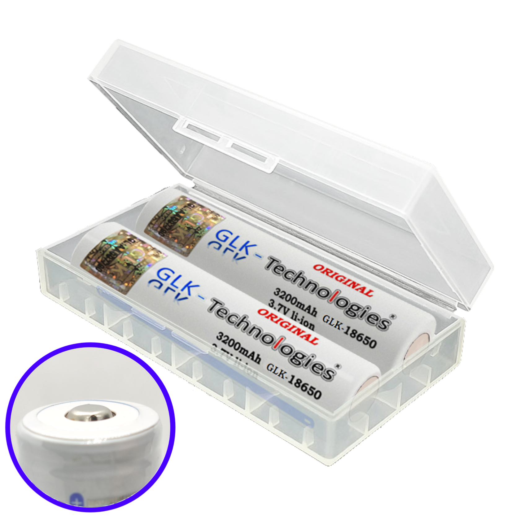 Zwei weiße zylindrische Batterien in einer transparenten Kunststoffbox.