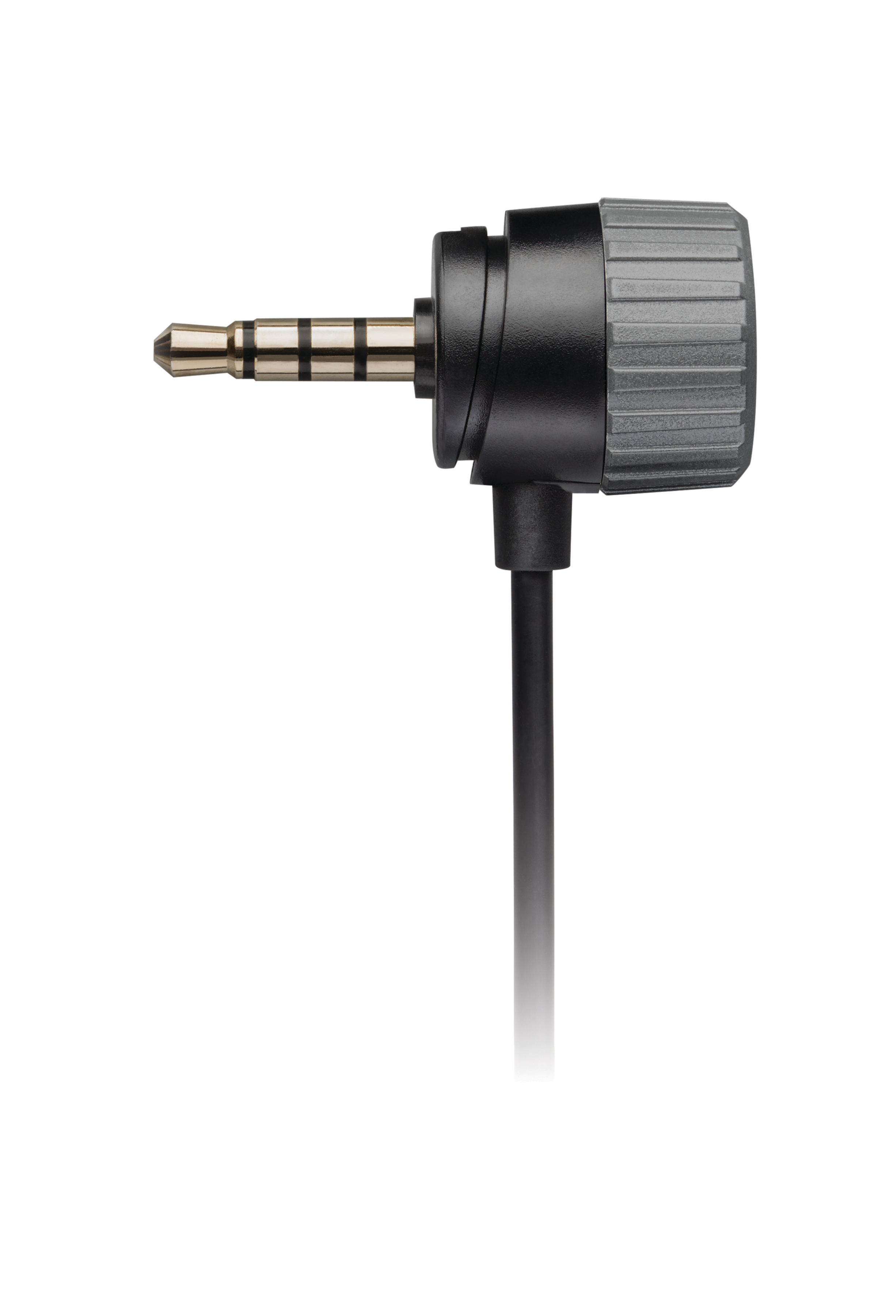 Czarny wtyk audio jack z szarym, prążkowanym uchwytem i czarnym kablem biegnącym w dół.