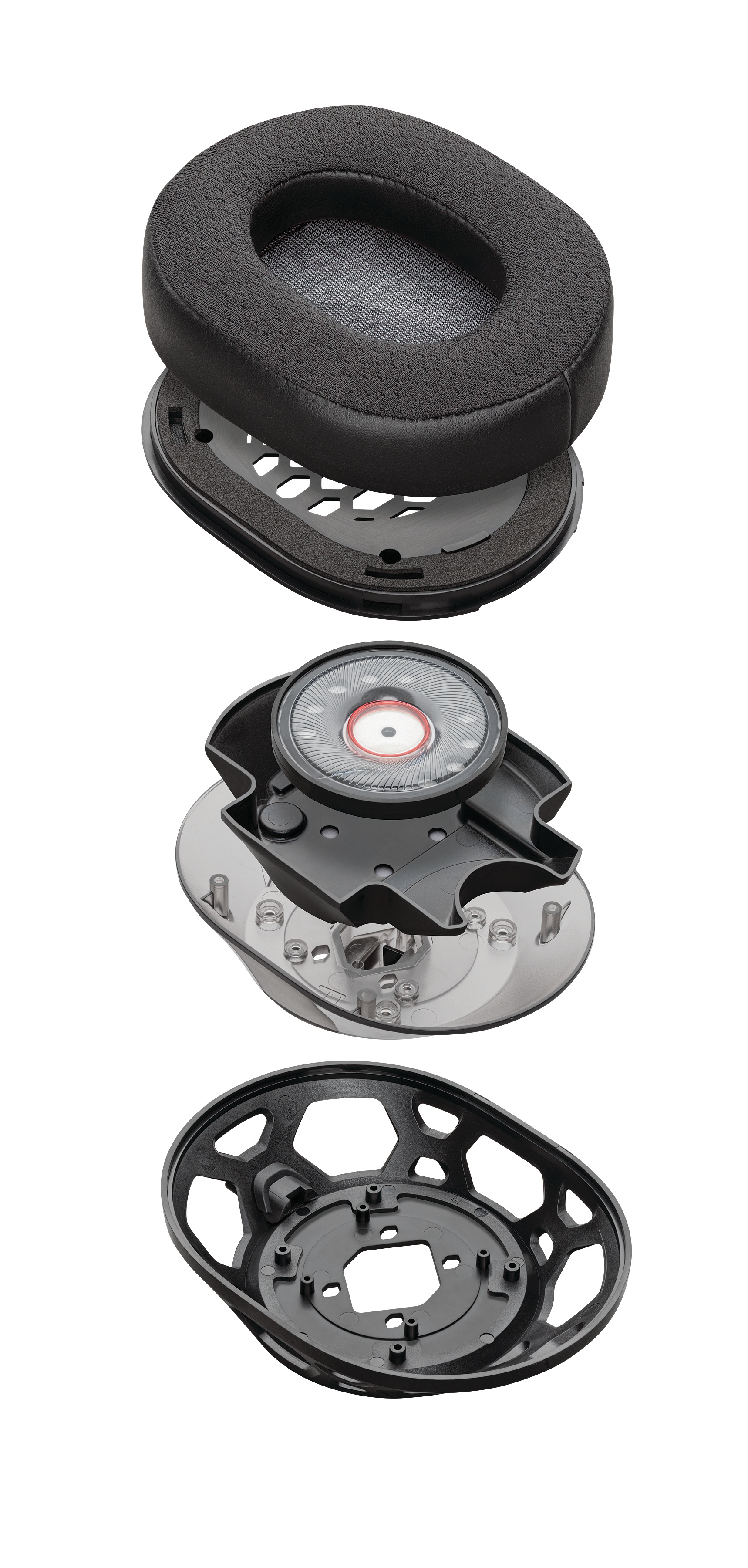 Rozłożone elementy słuchawek. Poduszka na ucho, głośnik i ramka pokazane osobno.