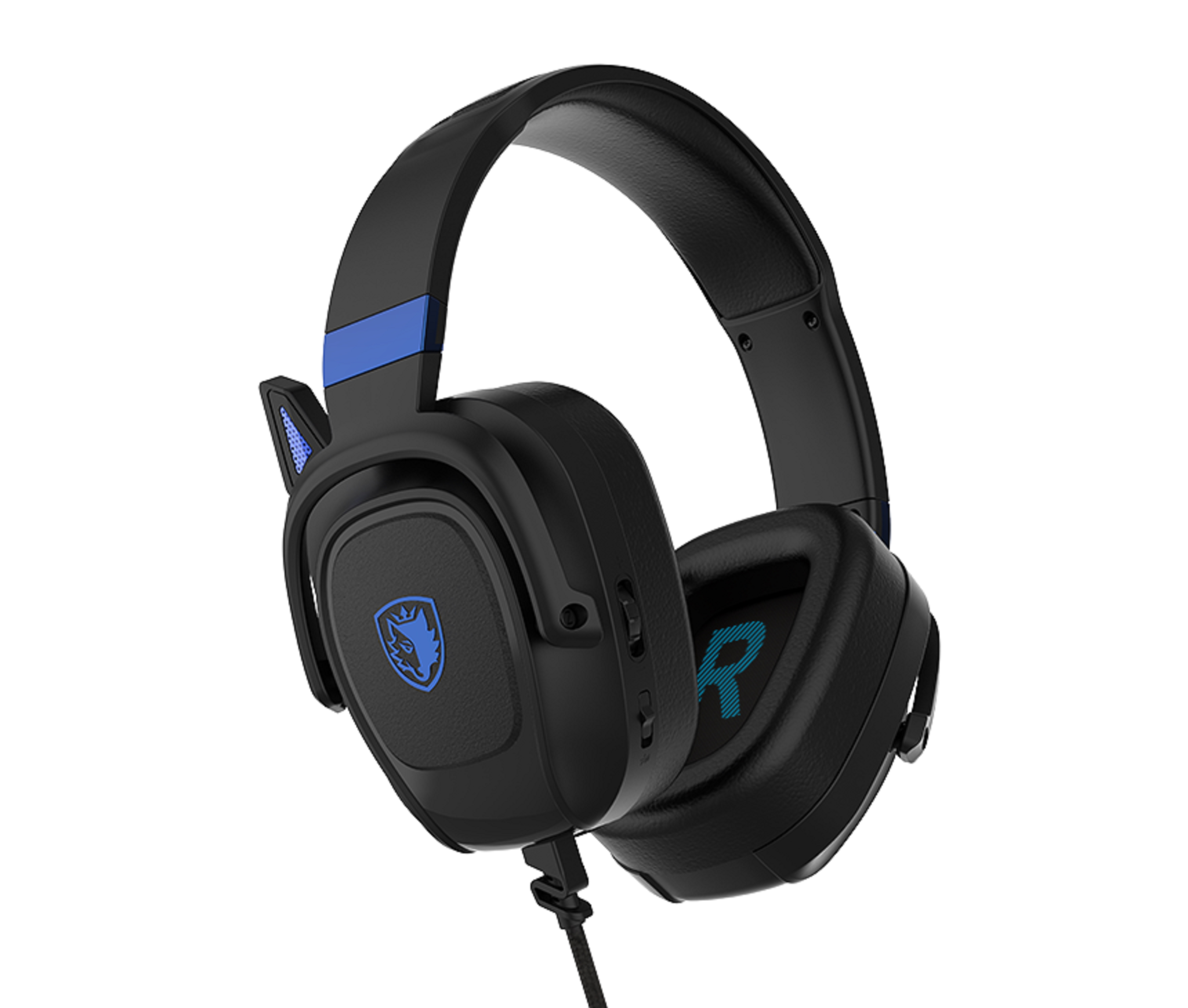 Schwarz-blaues Gaming-Headset mit Mikrofon. Der Buchstabe 'R' ist sichtbar.
