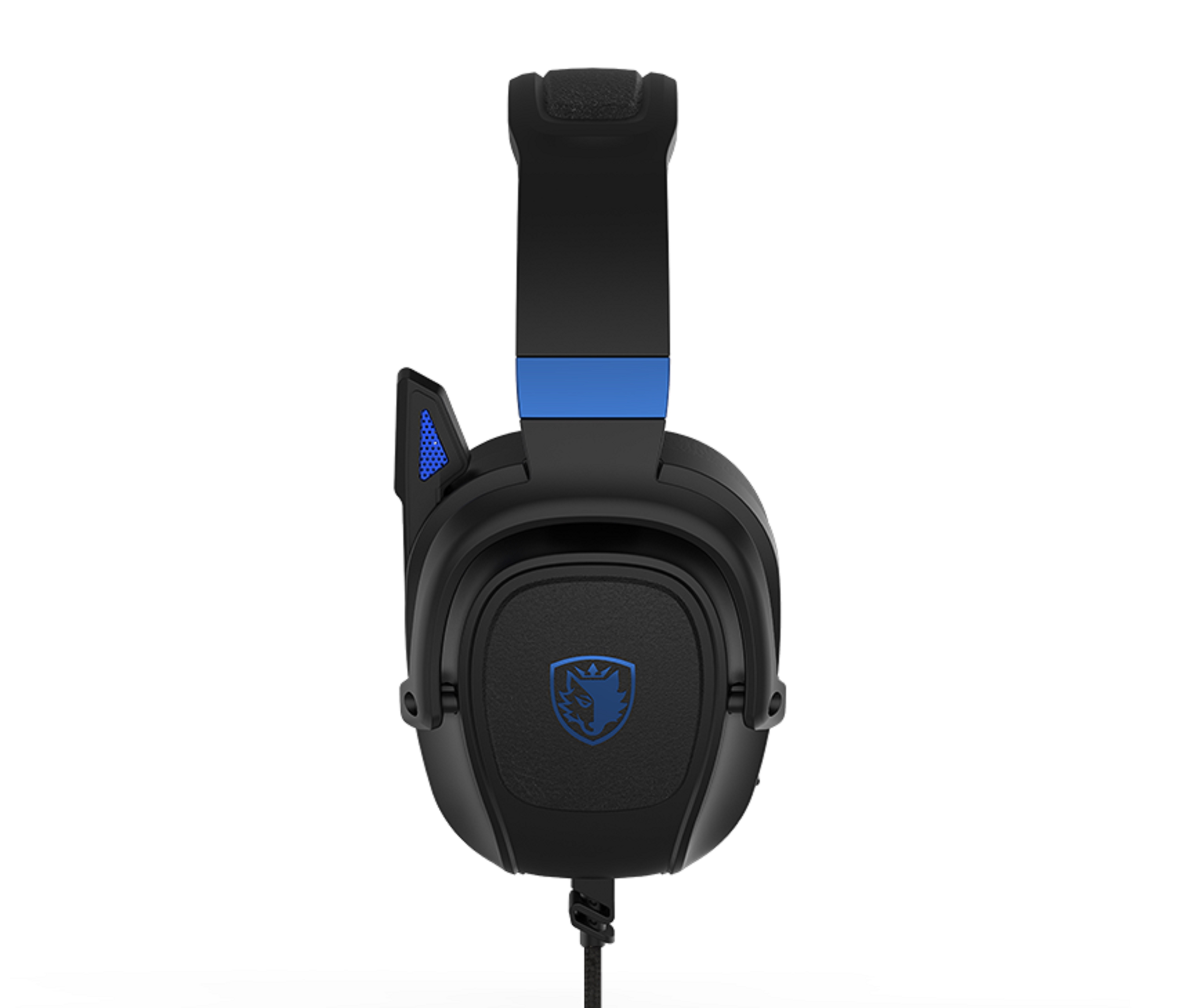 Schwarzes Gaming-Headset mit blauen Akzenten und Logo. Mit Mikrofon und verstellbarem Kopfbügel.
