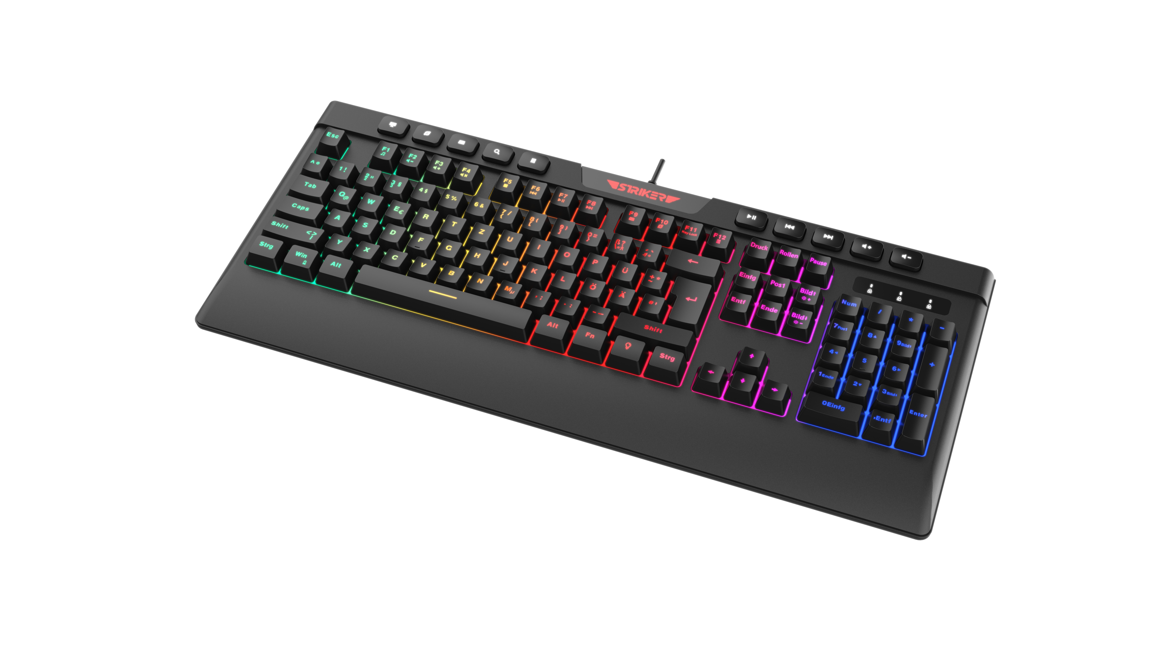 Eine schwarze Tastatur mit bunten, beleuchteten Tasten auf weißem Hintergrund.