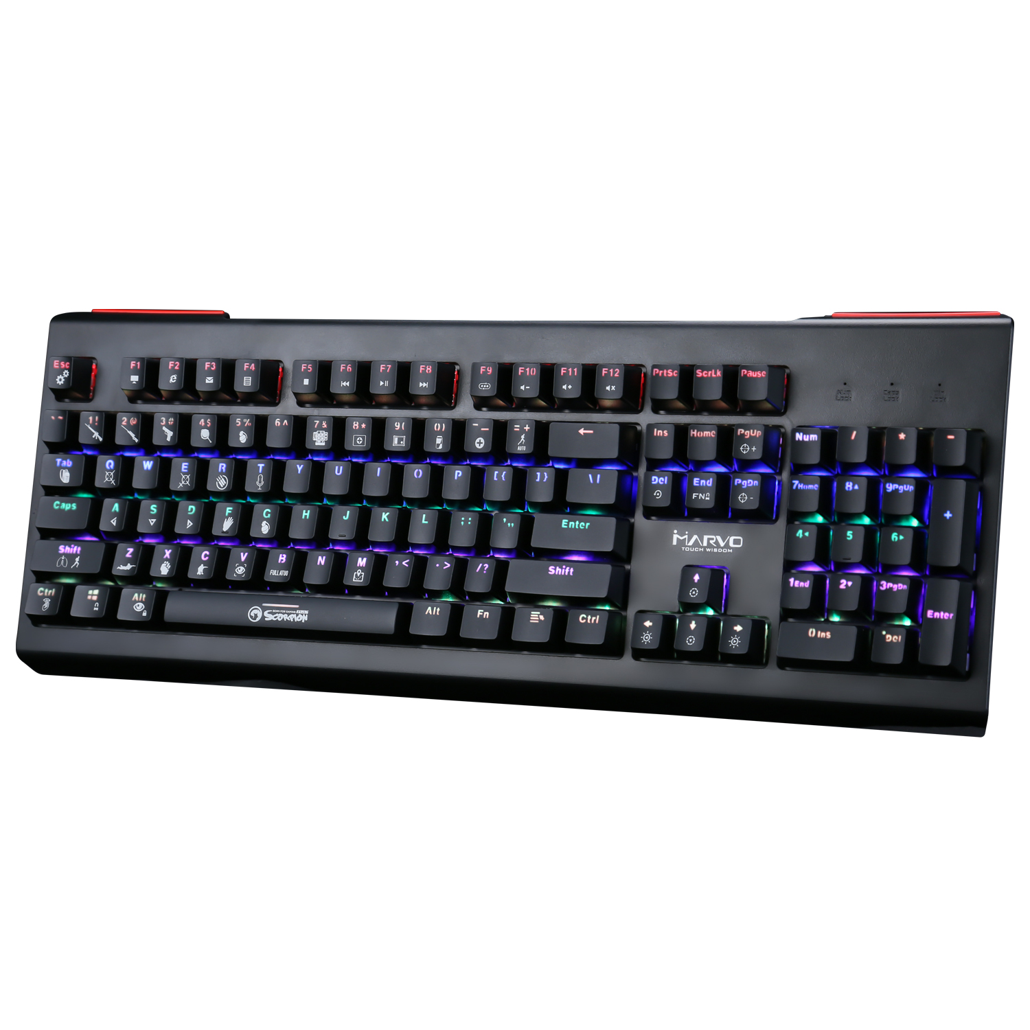 Eine hintergrundbeleuchtete Tastatur mit mehreren Farben.