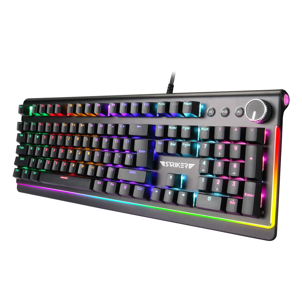 Eine schwarze Gaming-Tastatur mit regenbogenfarbenen Tasten und einem Lautstärkeregler.