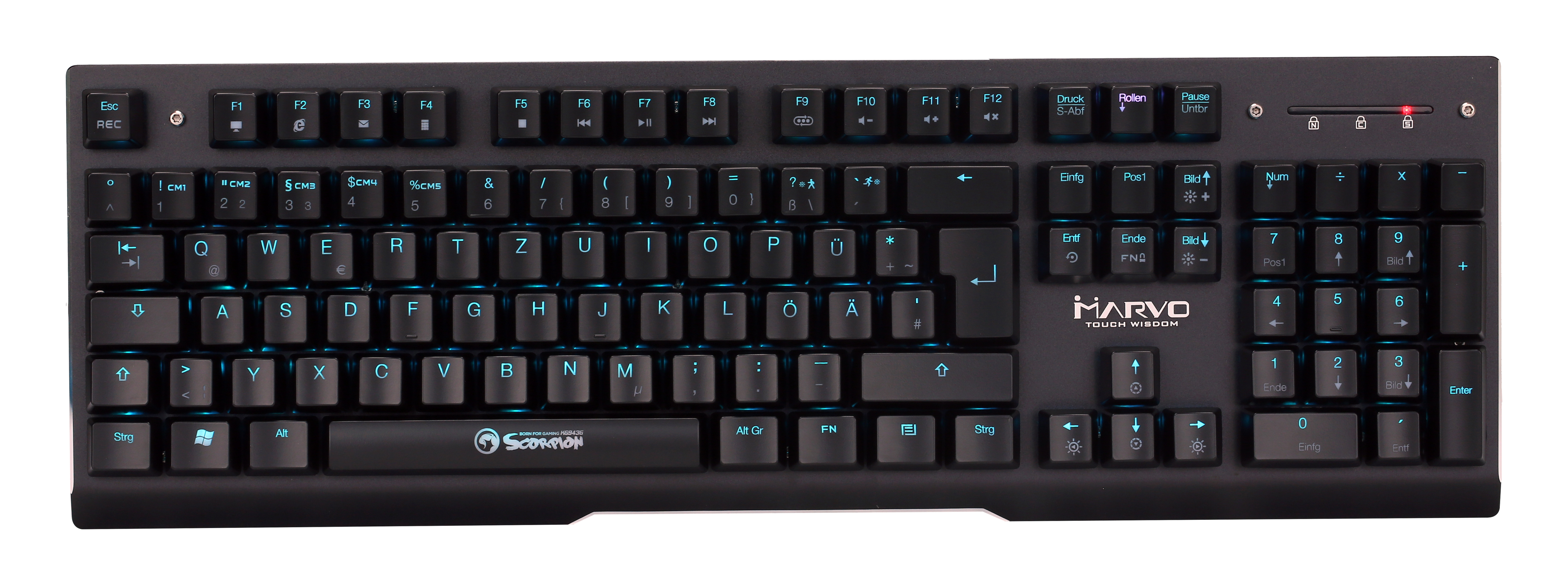 Eine schwarze Tastatur mit blauer Hintergrundbeleuchtung und weißen Tasten.