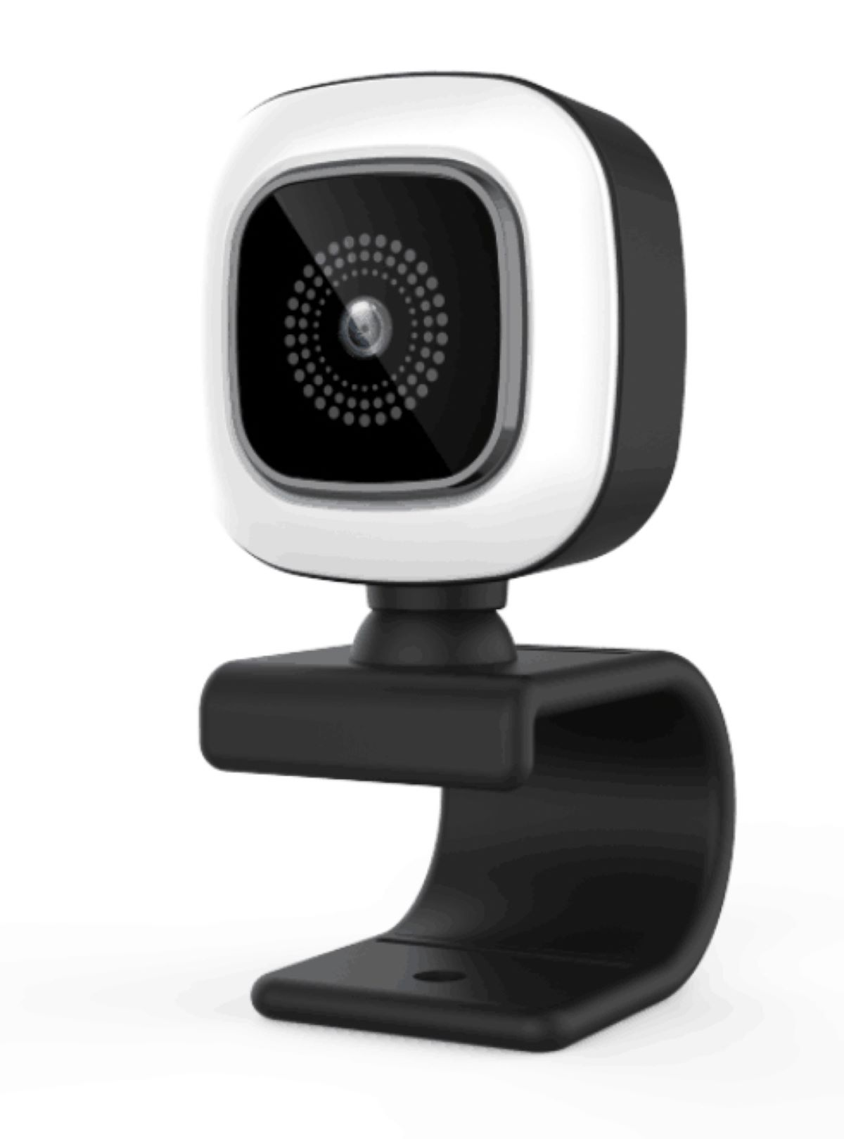 Eine schwarz-weiße Webcam mit Ständer, bereit für Videoanrufe.