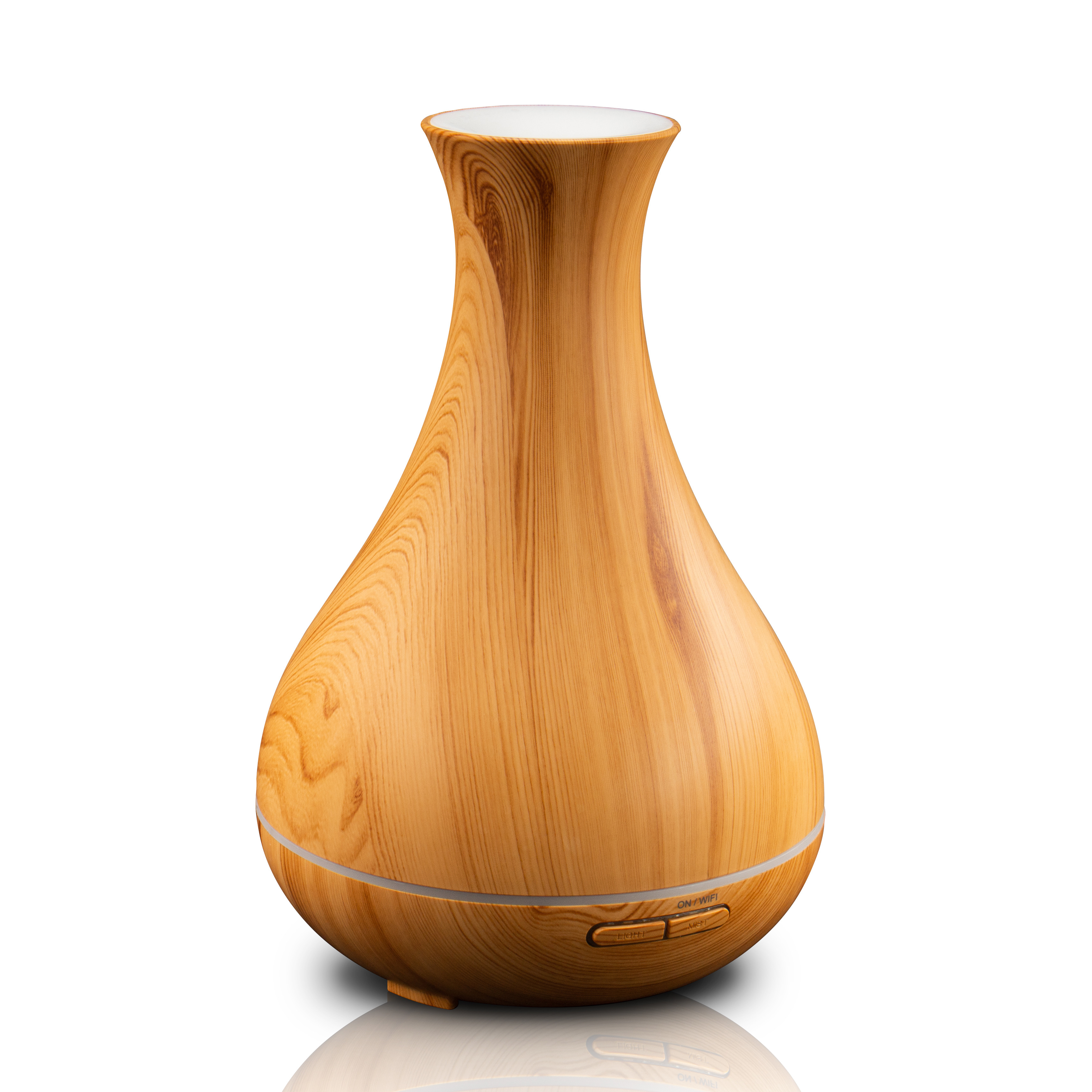 Aroma-Diffusor aus Holz. Es hat eine hellbraune Holztextur und eine runde Form.