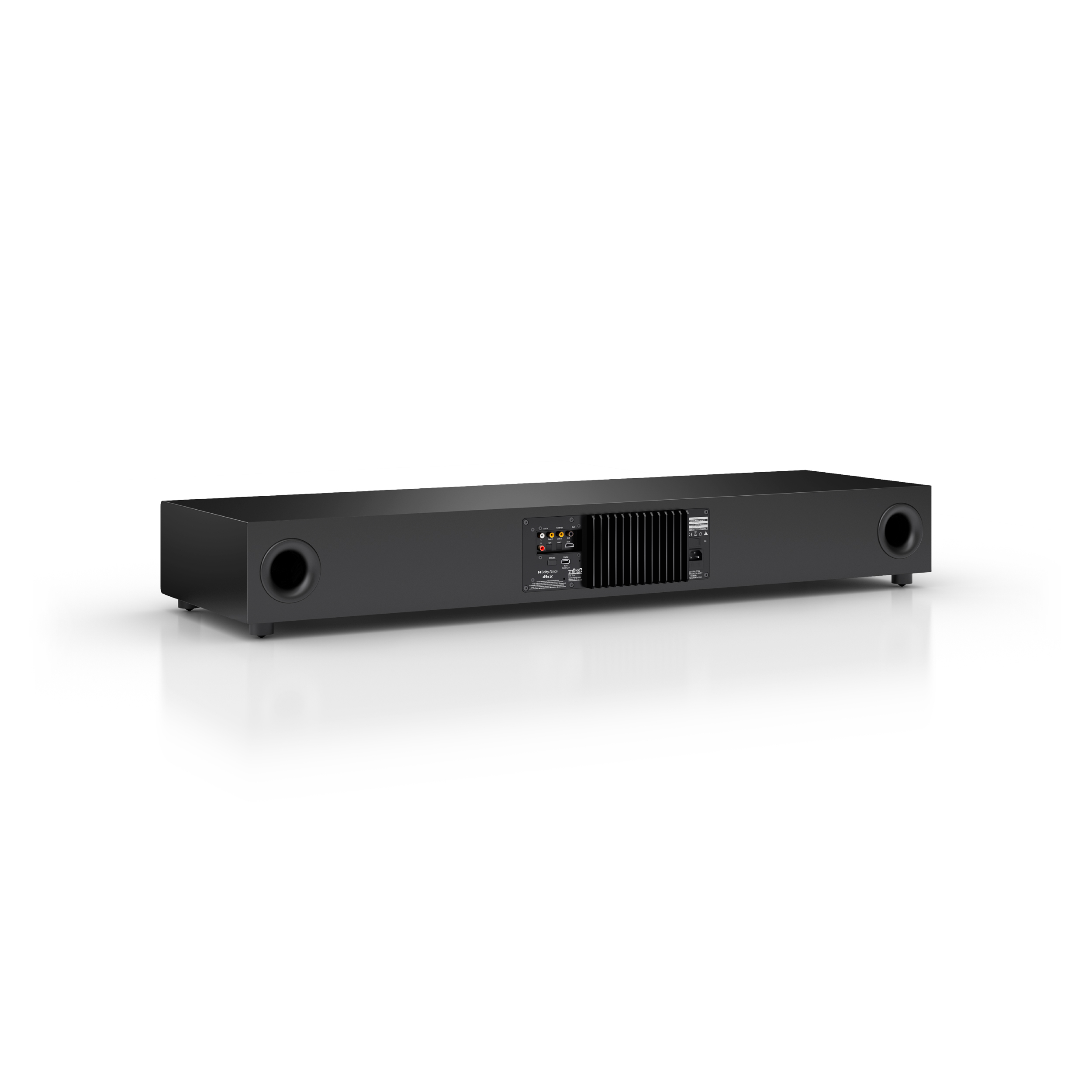 Schwarze Soundbar, Rückansicht, mit Anschlüssen und Anschlüssen auf weißem Hintergrund.