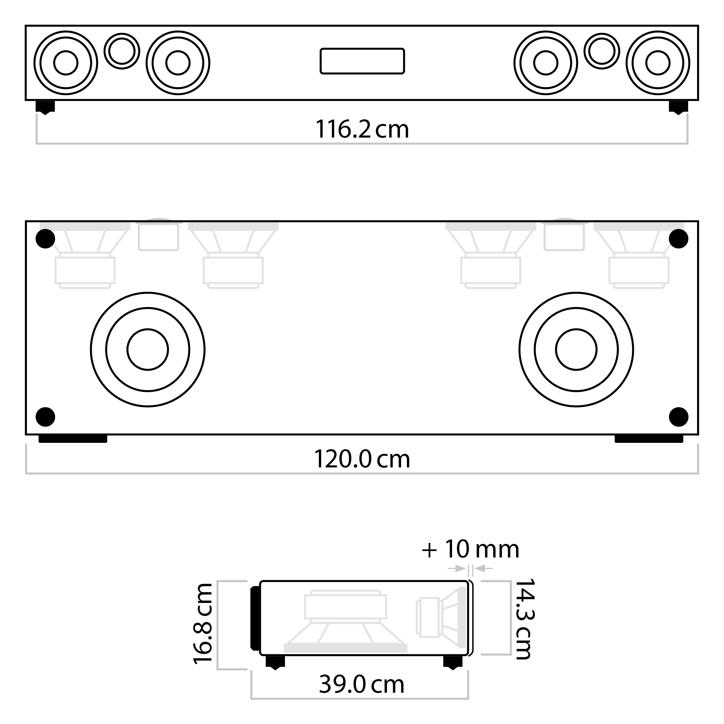 Ein Diagramm einer schwarzen Soundbar mit Abmessungen: 116,2 cm, 120,0 cm, 16,8 cm, 14,3 cm und 39,0 cm.