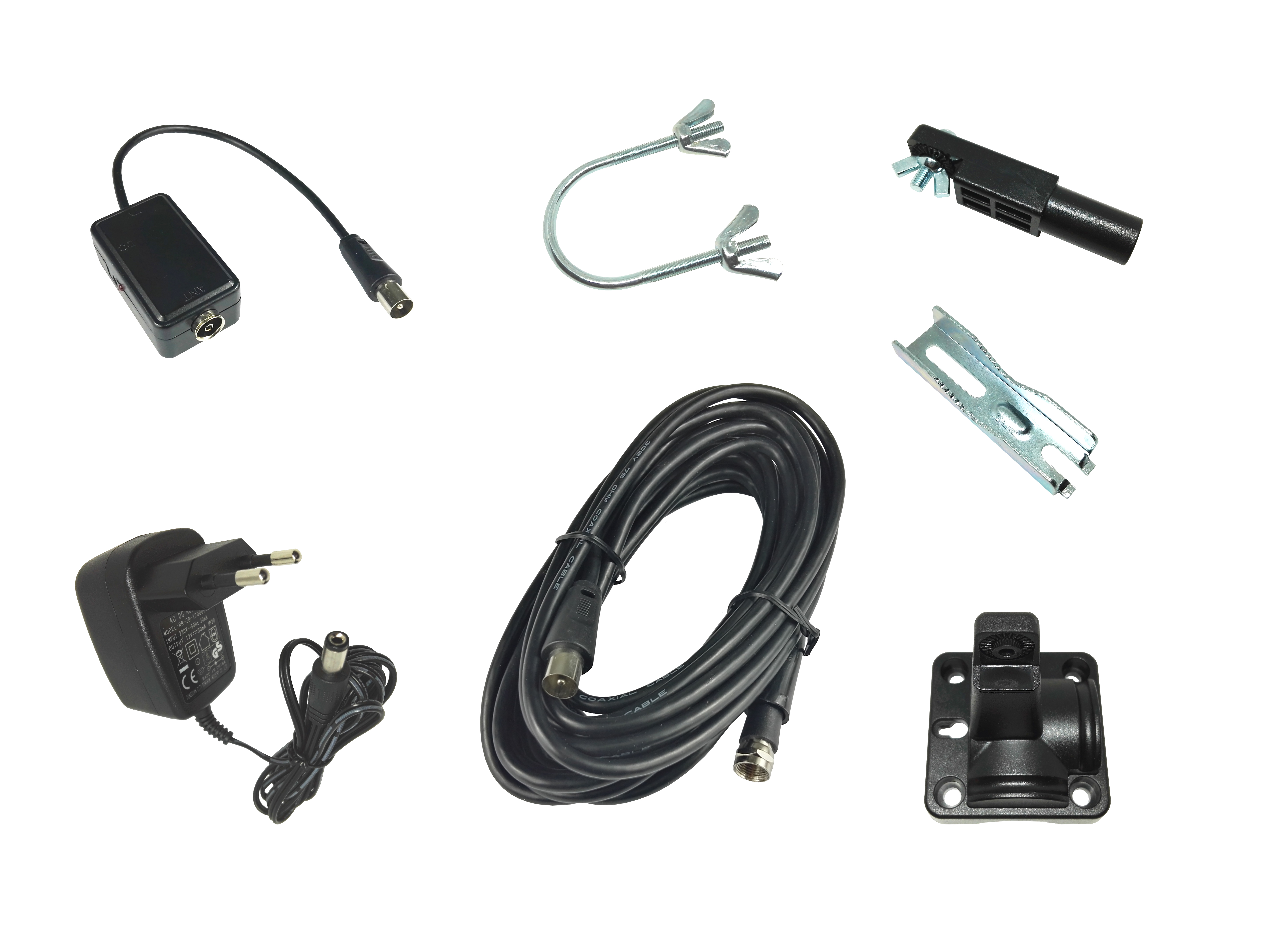 Verschiedenes TV-Antennen-Zubehör, darunter ein Netzteil, Kabel und Befestigungsmaterial.
