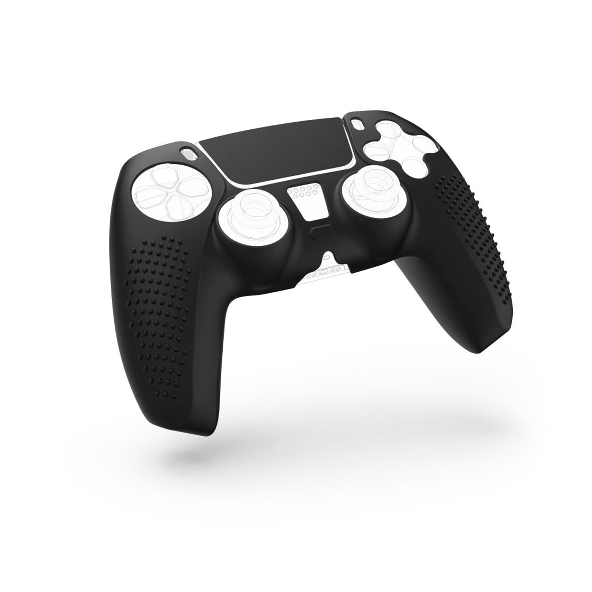 Eine schwarze PS5-Controller-Abdeckung mit weißen Akzenten auf Knöpfen, auf weißem Hintergrund.
