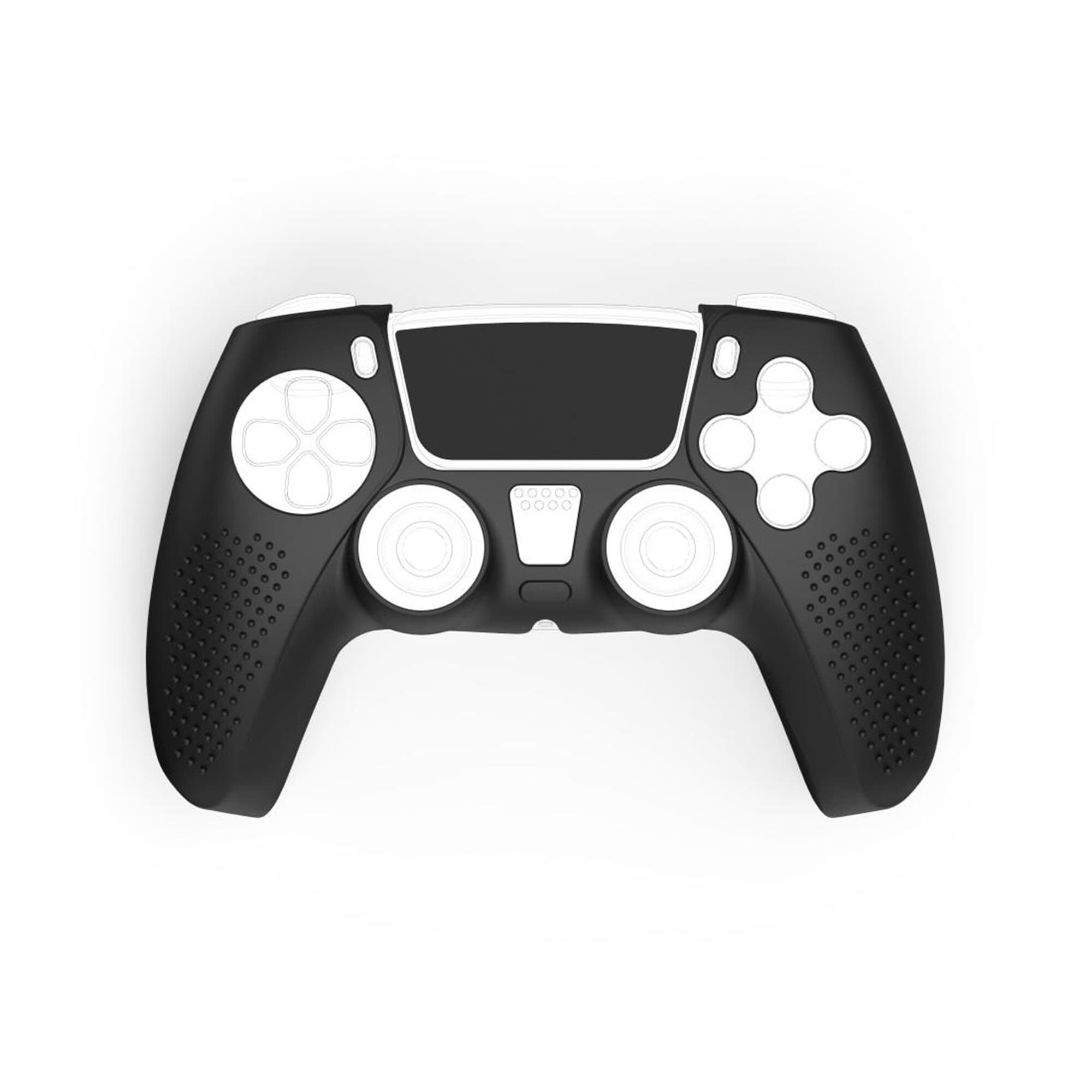 Schwarz-weißer Gamecontroller mit kreisförmigen und kreuzförmigen Knöpfen.