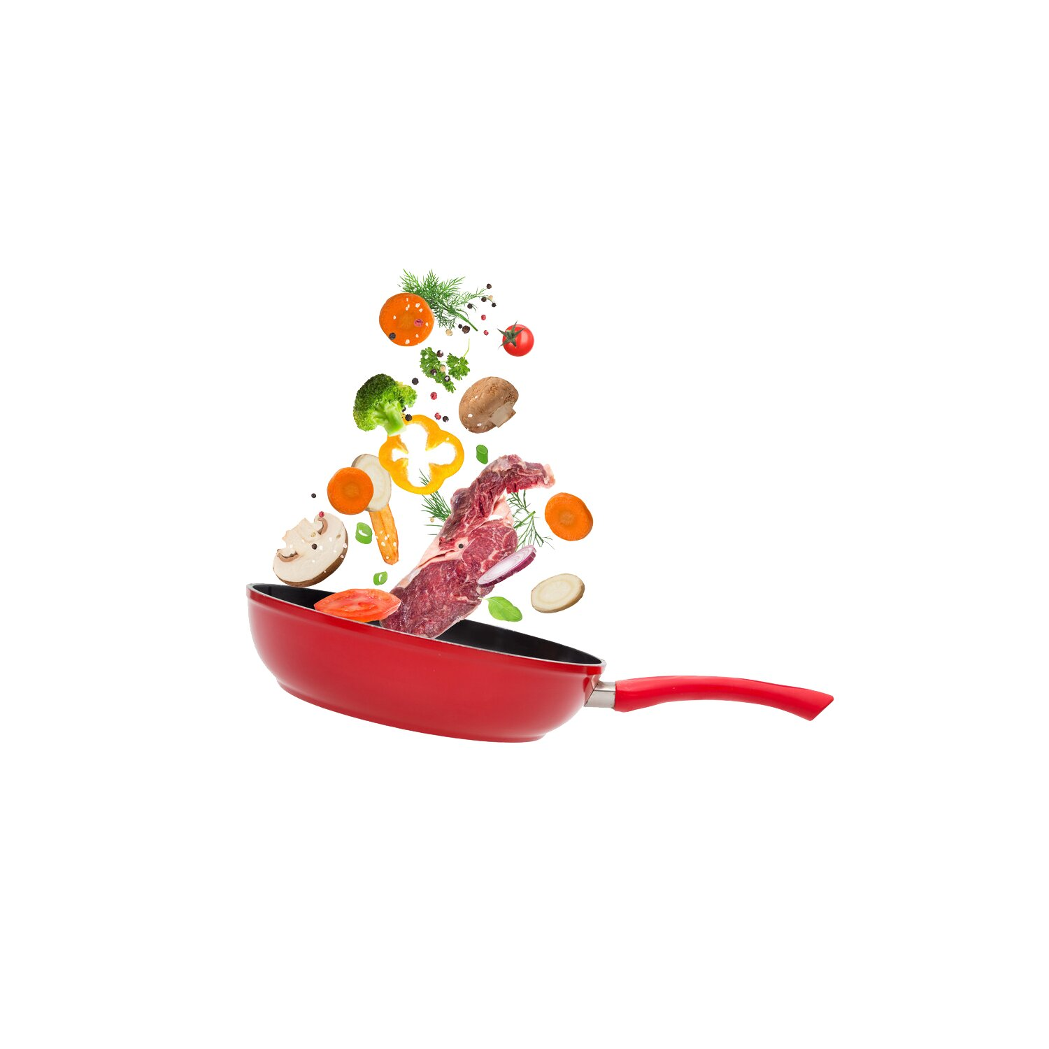 Eine rote Pfanne mit Zutaten wie Gemüse und Fleisch, die darüber schweben.