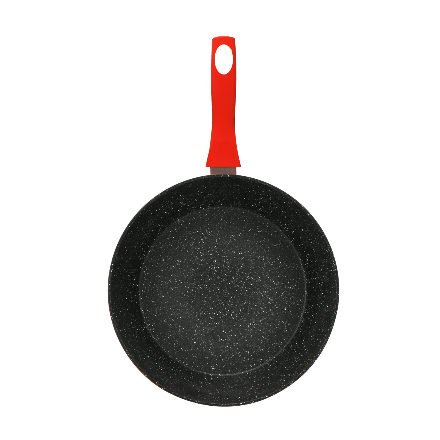 Schwarze Bratpfanne mit rotem Griff. Isoliert auf weißem Hintergrund.