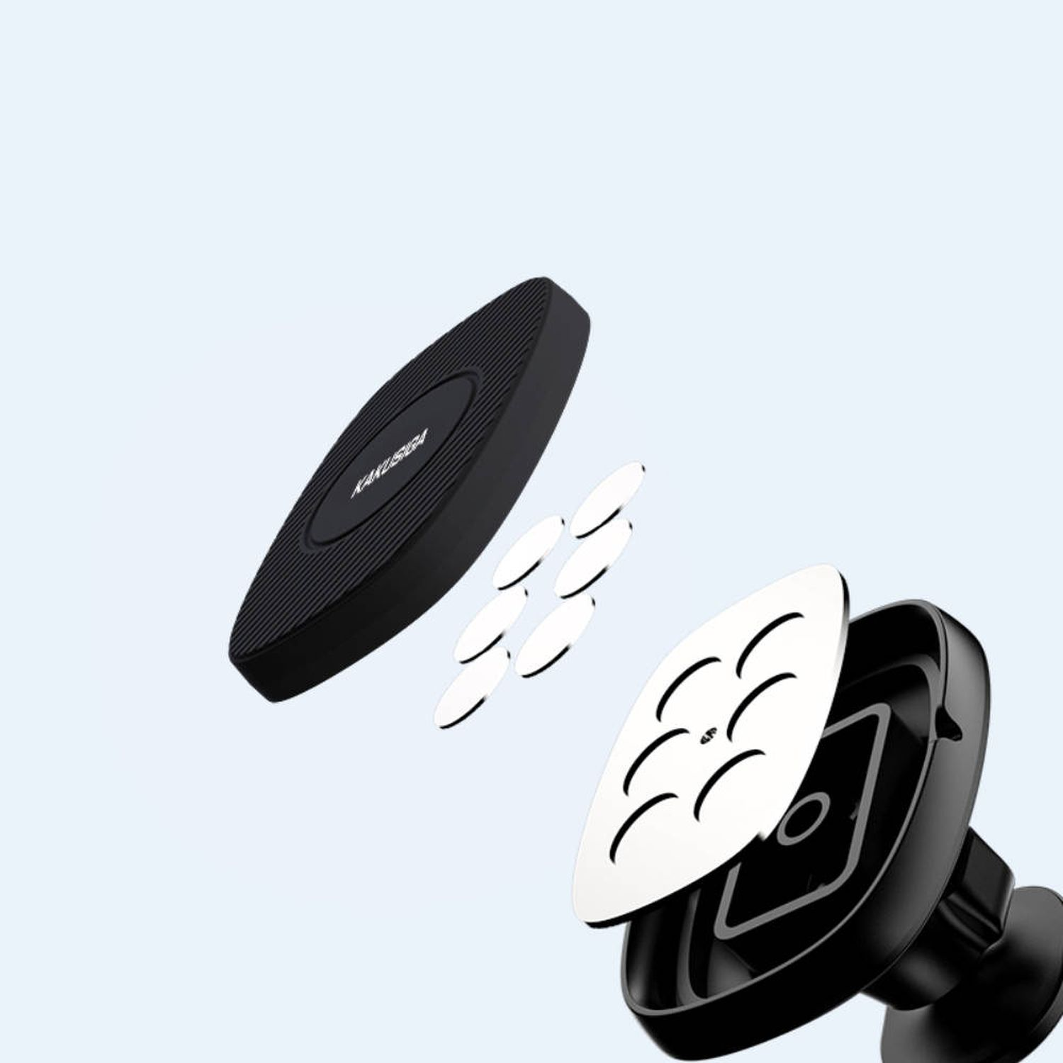 Schwarzer Autotelefonhalter, auseinandergebaute Ansicht. Komponenten sind Basis, Magnetplatten und Oberteil.