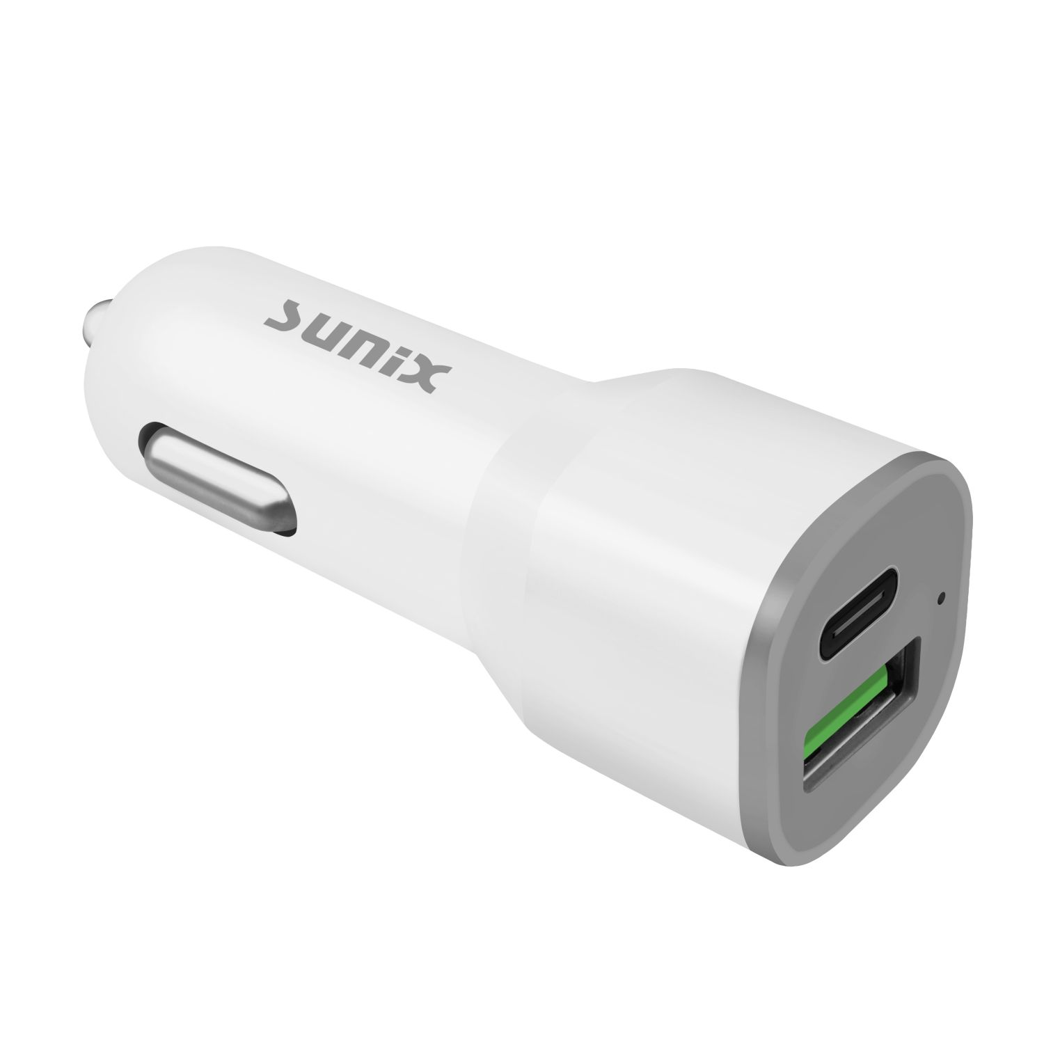 Weißes Autoladegerät mit USB- und USB-C-Anschlüssen.