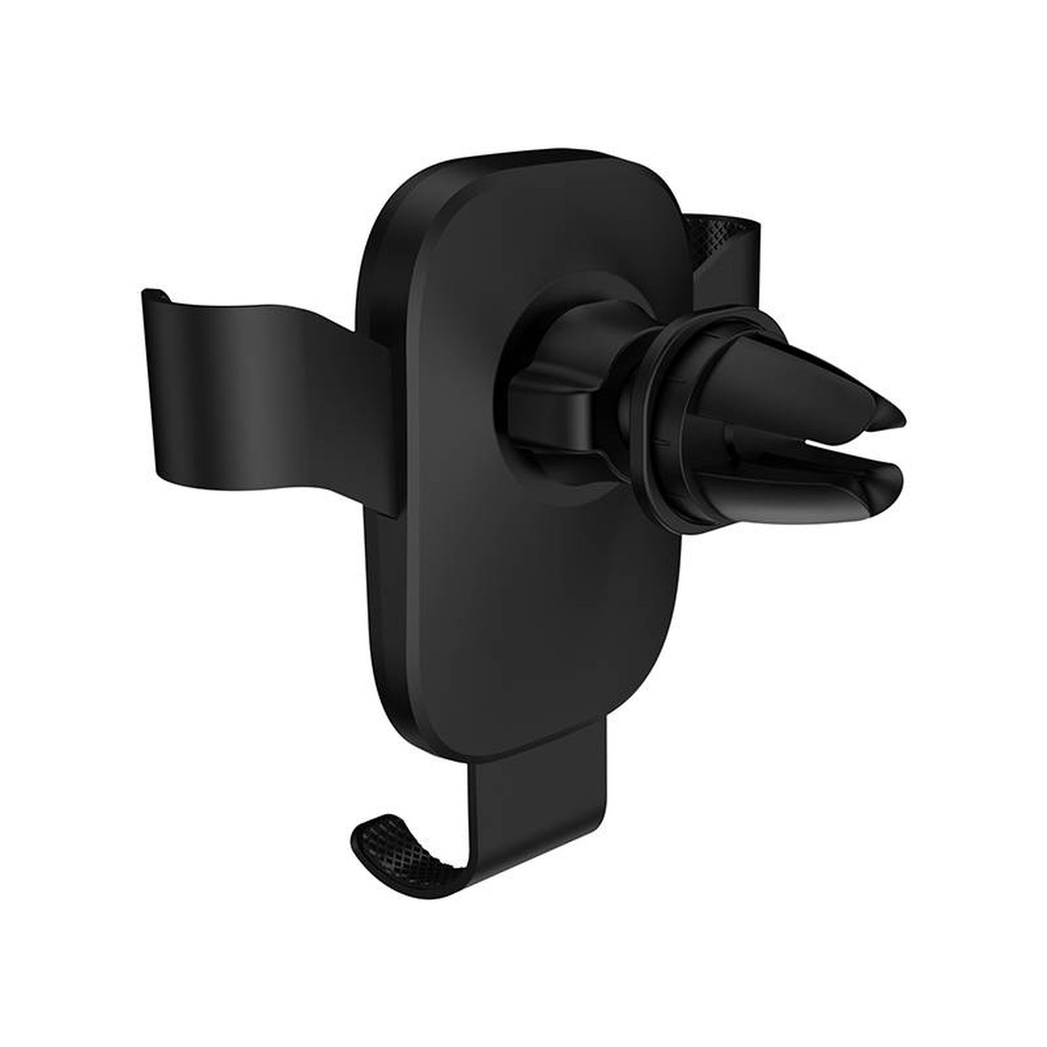Schwarzer Handyhalter für die Lüftung im Auto. Mit Haken und Halterung.