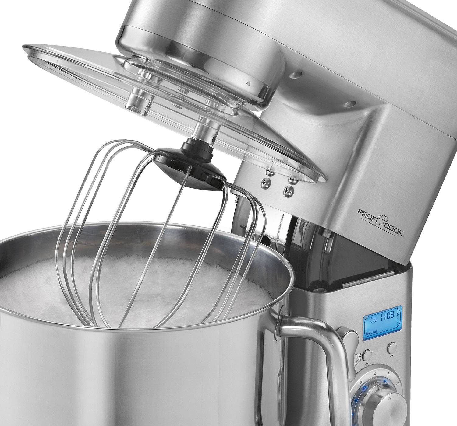 Mikser ze stali nierdzewnej z misą i trzepaczką. Mikser jest częściowo otwarty.