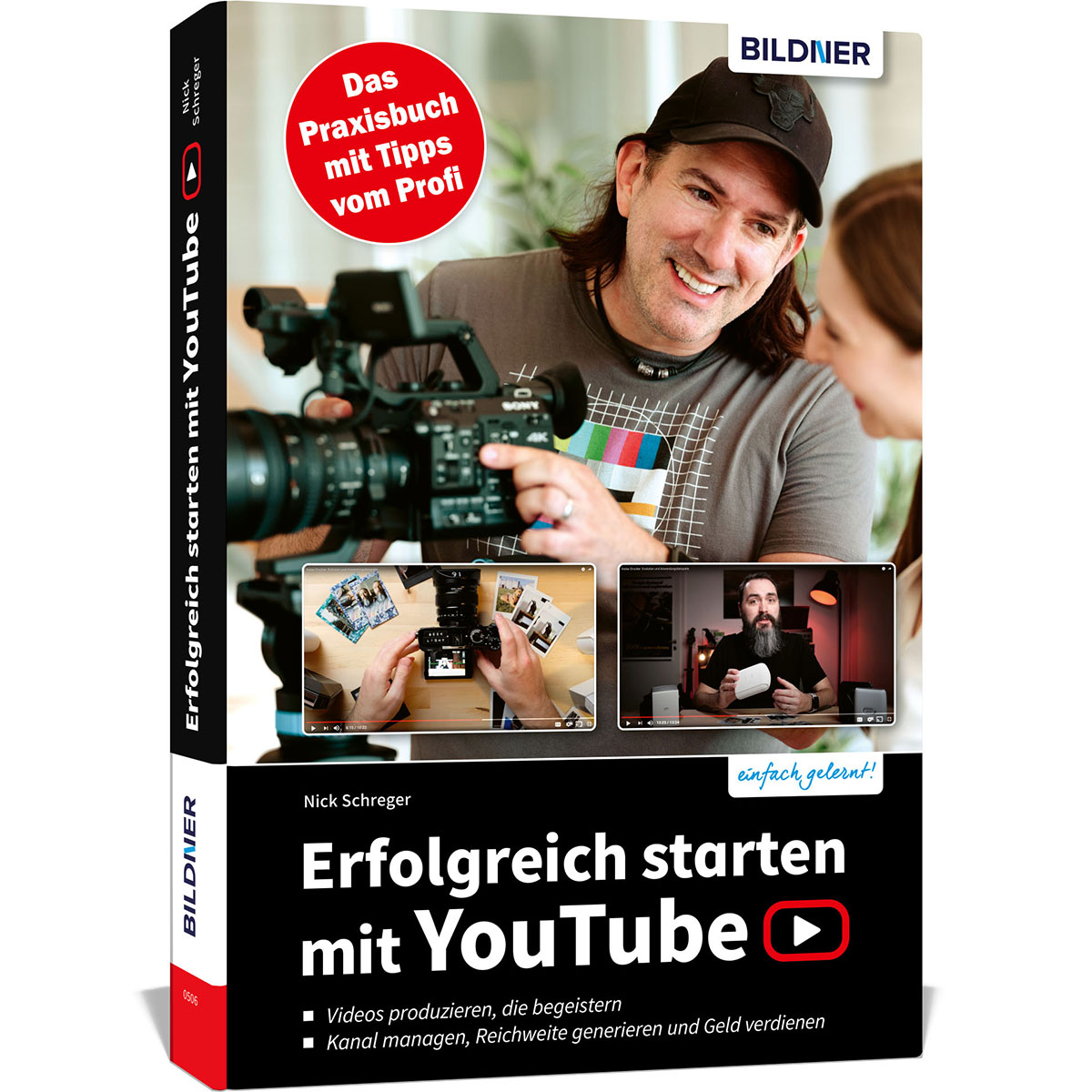 Buchcover mit einem Mann beim Filmen. Es steht 'Erfolgreich starten mit YouTube' und zeigt Screenshots.