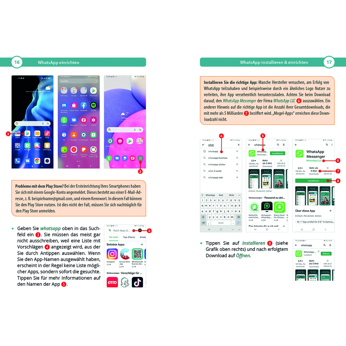 Buchseiten über WhatsApp, die App-Screenshots und Anweisungen zeigen.