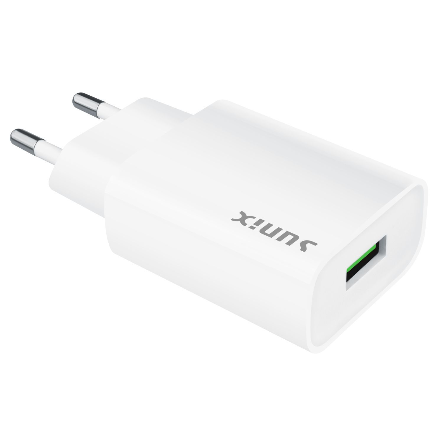 Weißes USB-Ladegerät mit zwei Stiften und dem Aufdruck 'SUNIX'.